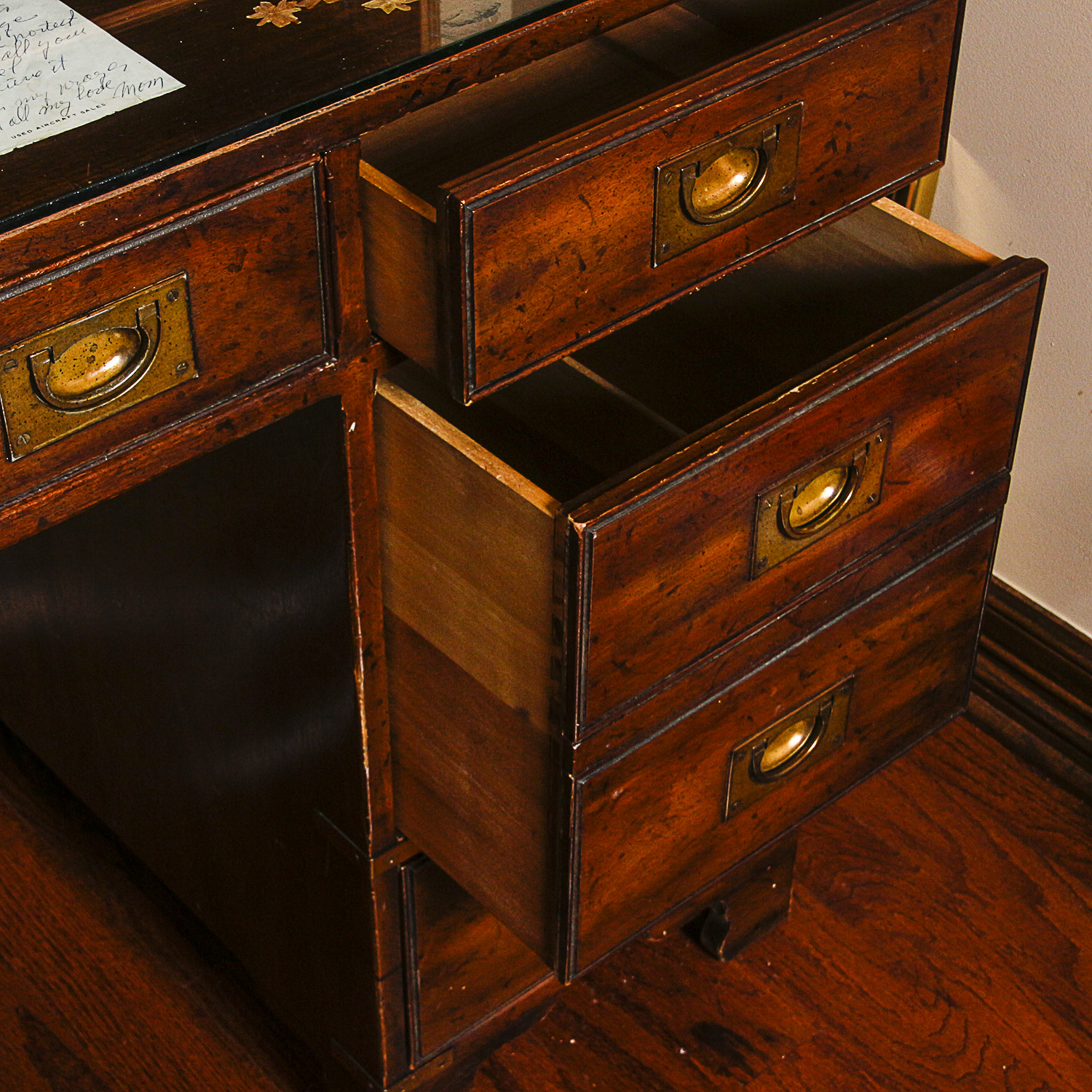 Vintage Campaign Style Kneehole Desk by Heritage with Oak Shelving Unit