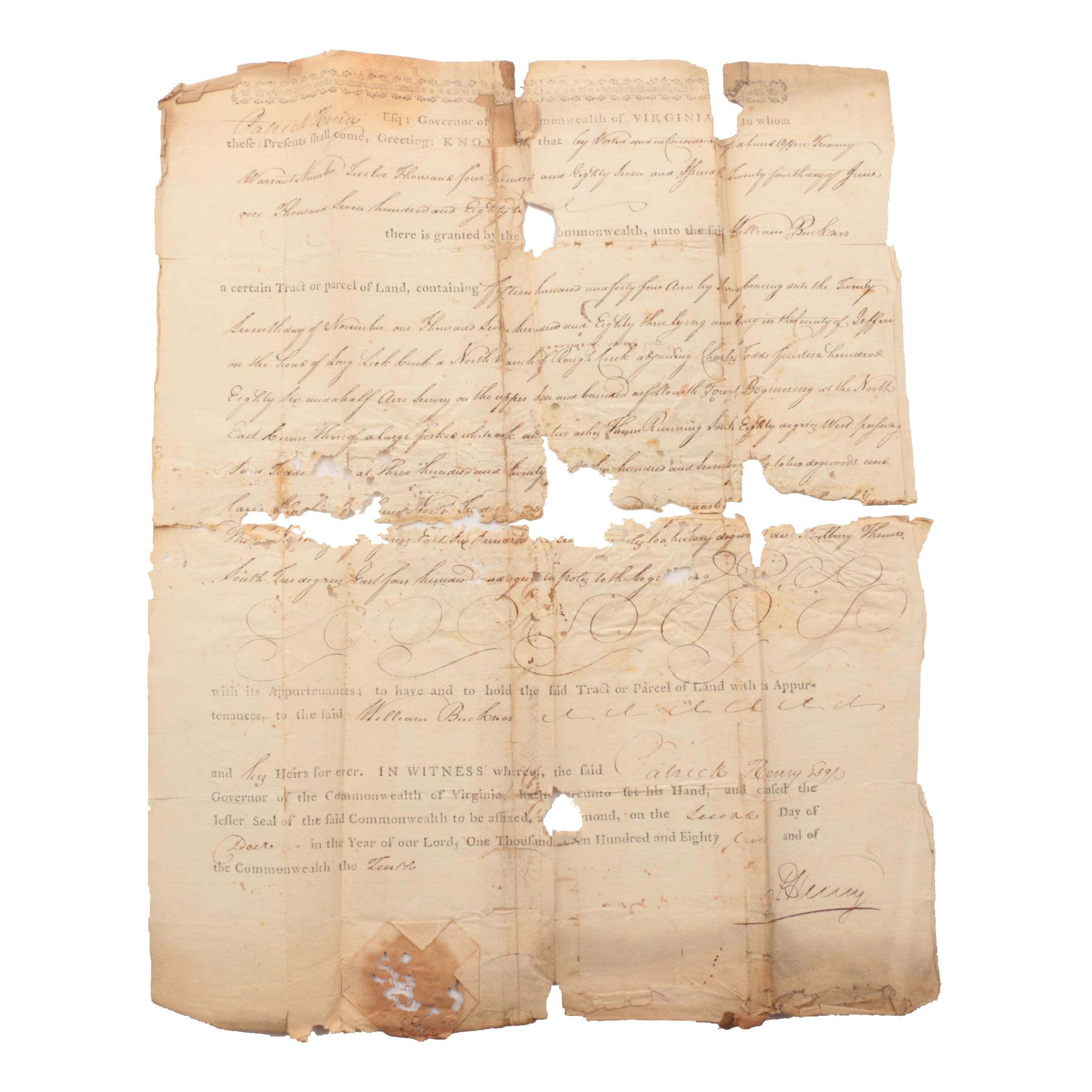 1785 Patrick Henry Signed Document, as Governor of Virginia