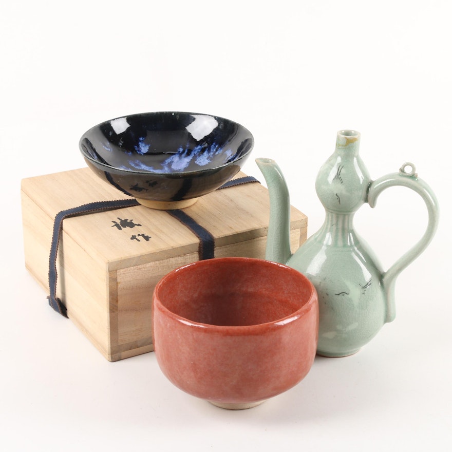 Makoto Yabe Studio Pottery Bowl and Korean Celadon Ceramic Ewer