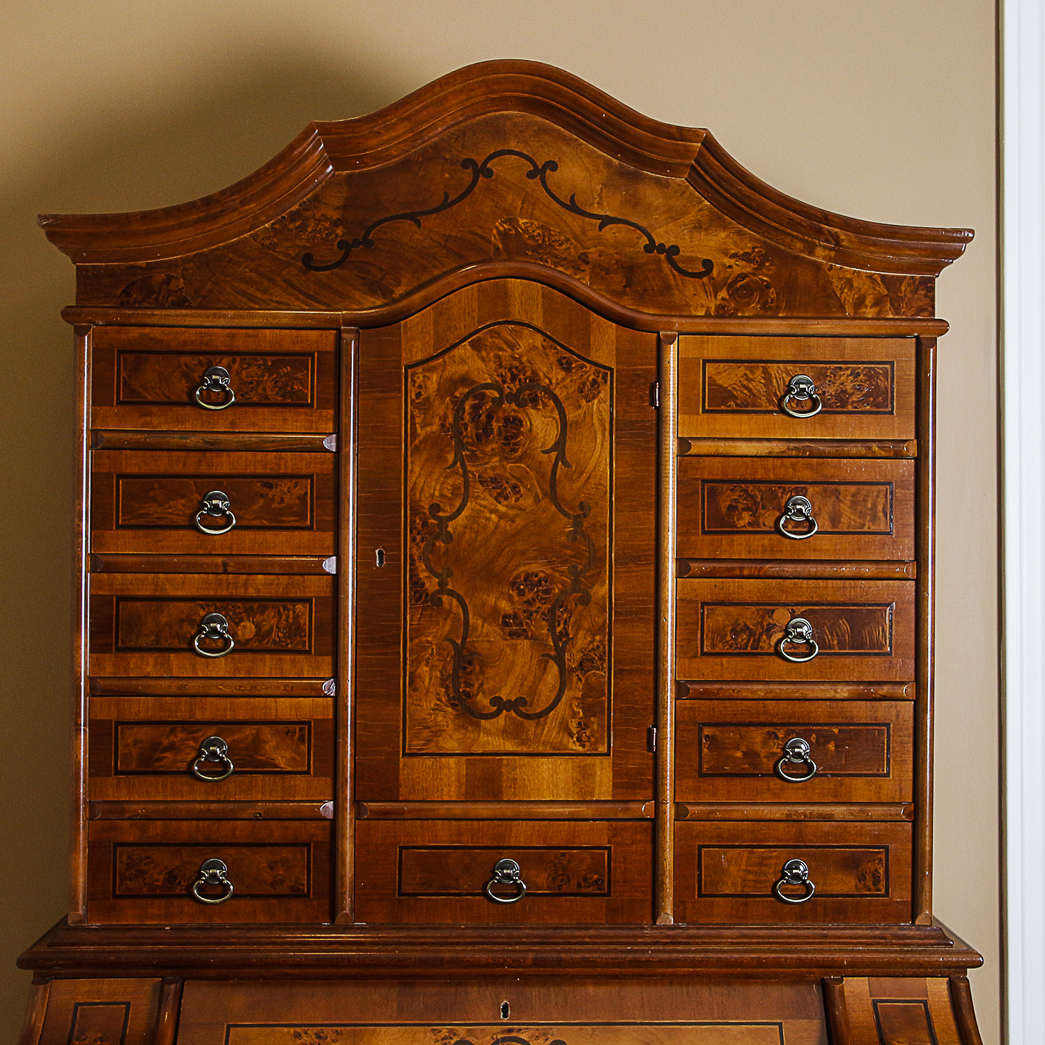 Vintage Burl Wood Secretary Cabinet