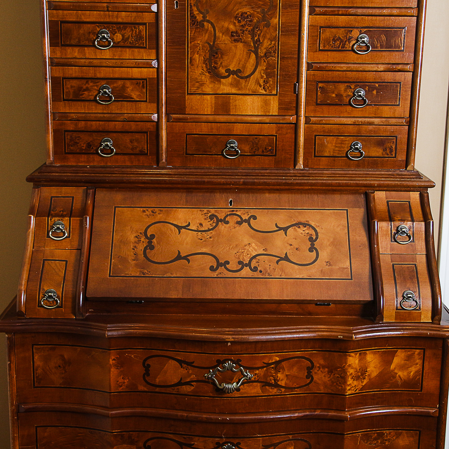 Vintage Burl Wood Secretary Cabinet