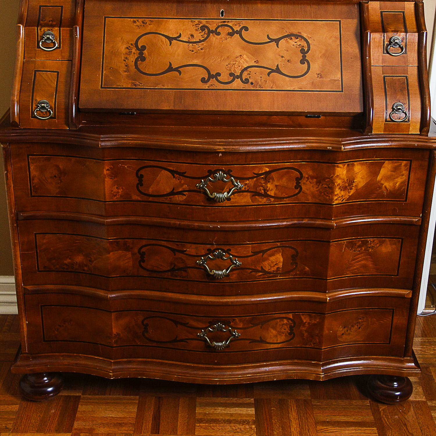 Vintage Burl Wood Secretary Cabinet