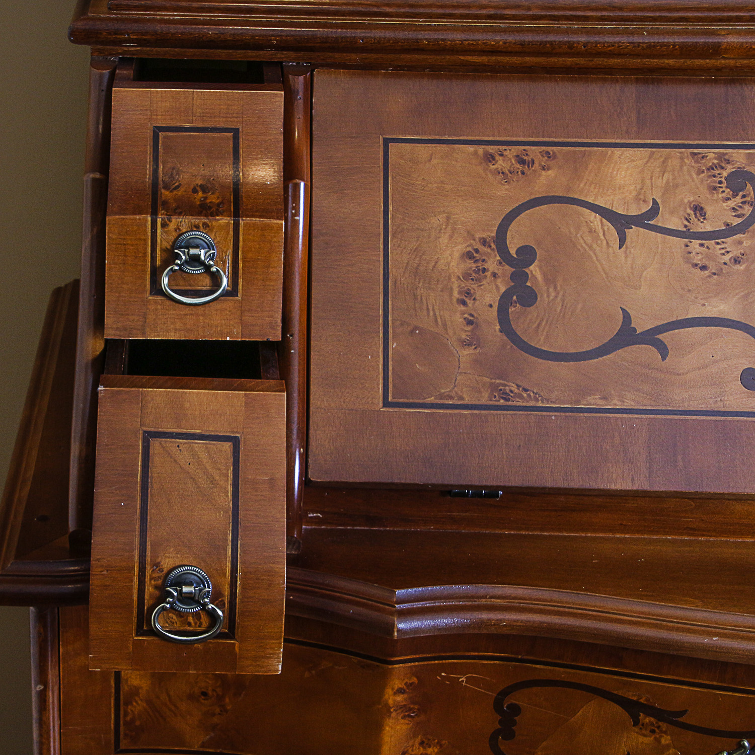 Vintage Burl Wood Secretary Cabinet