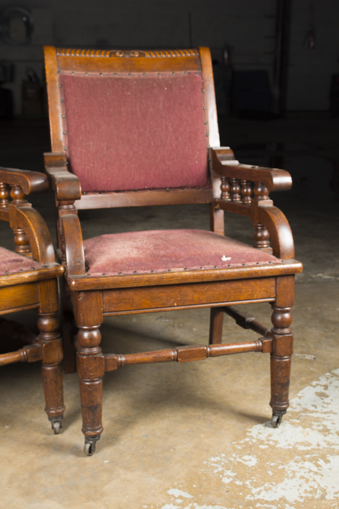 Antique Late Victorian Oak Upholstered Armchair