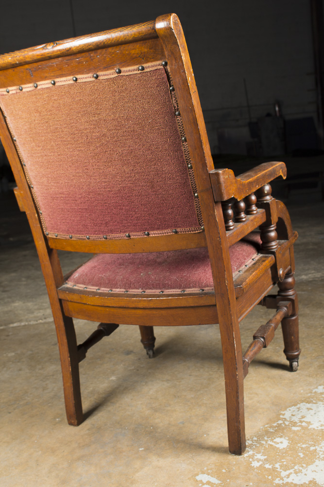 Antique Late Victorian Oak Upholstered Armchair