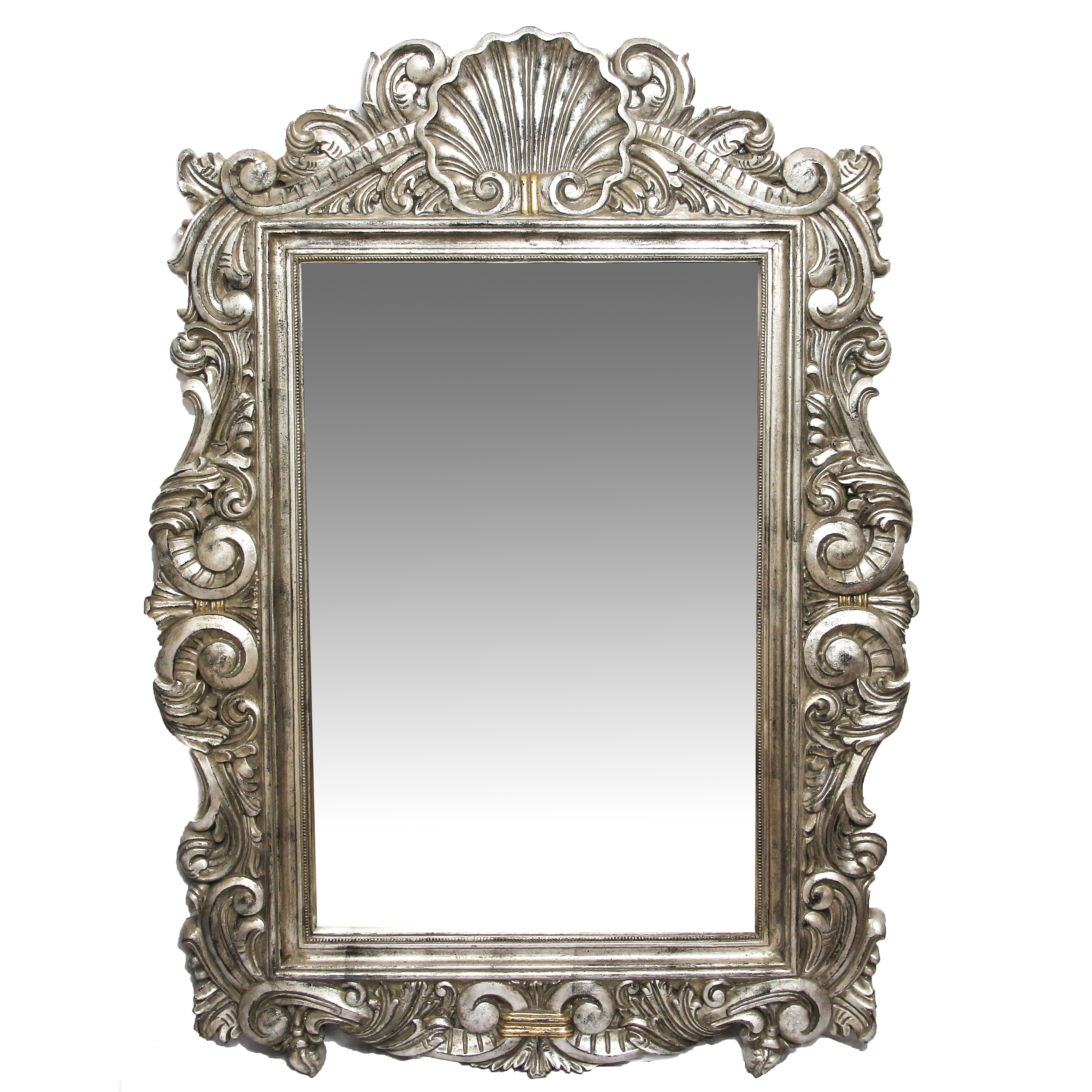 Baroque Style Ornate Silver Tone Large Composite Wall Mirror with Gilt Accents