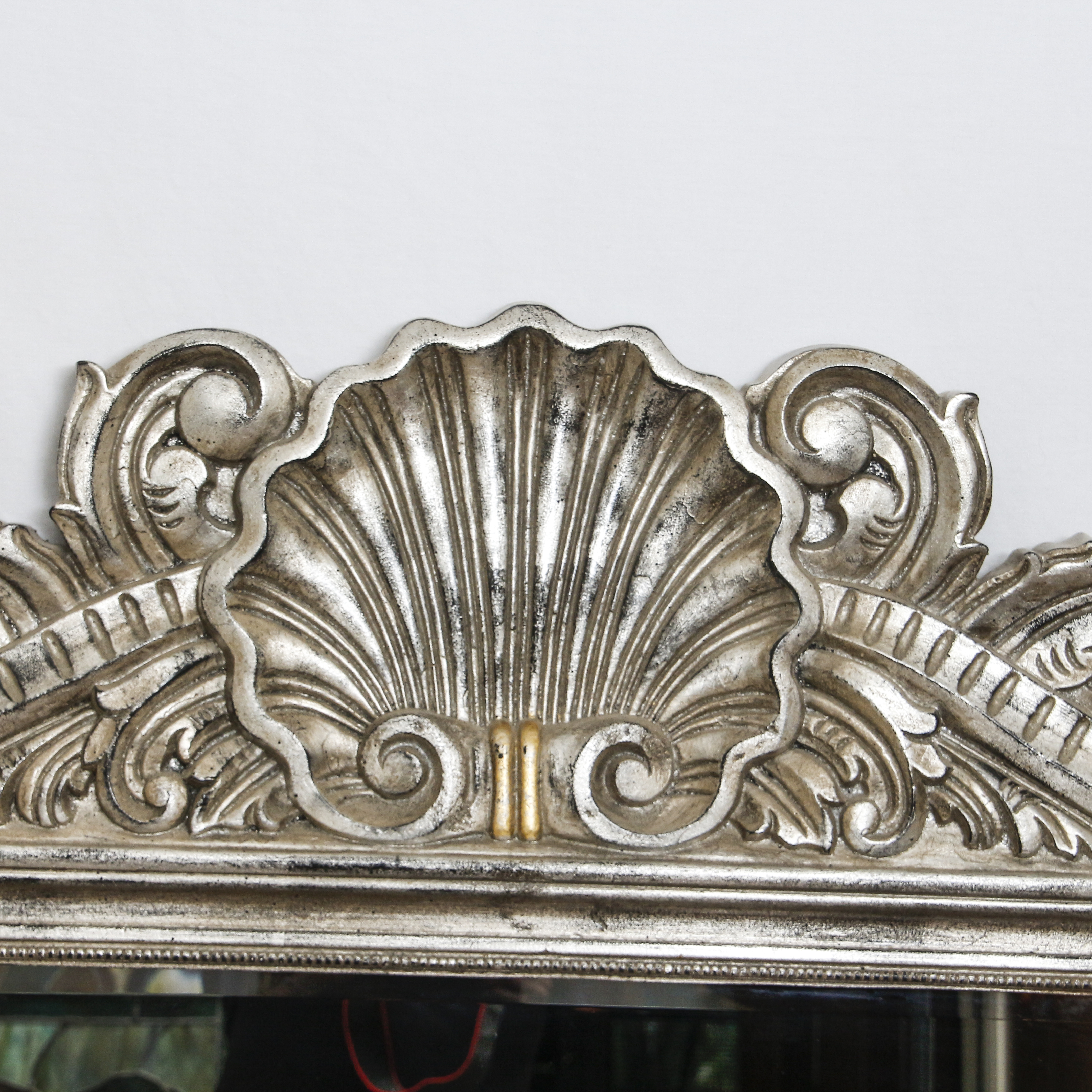 Baroque Style Ornate Silver Tone Large Composite Wall Mirror with Gilt Accents