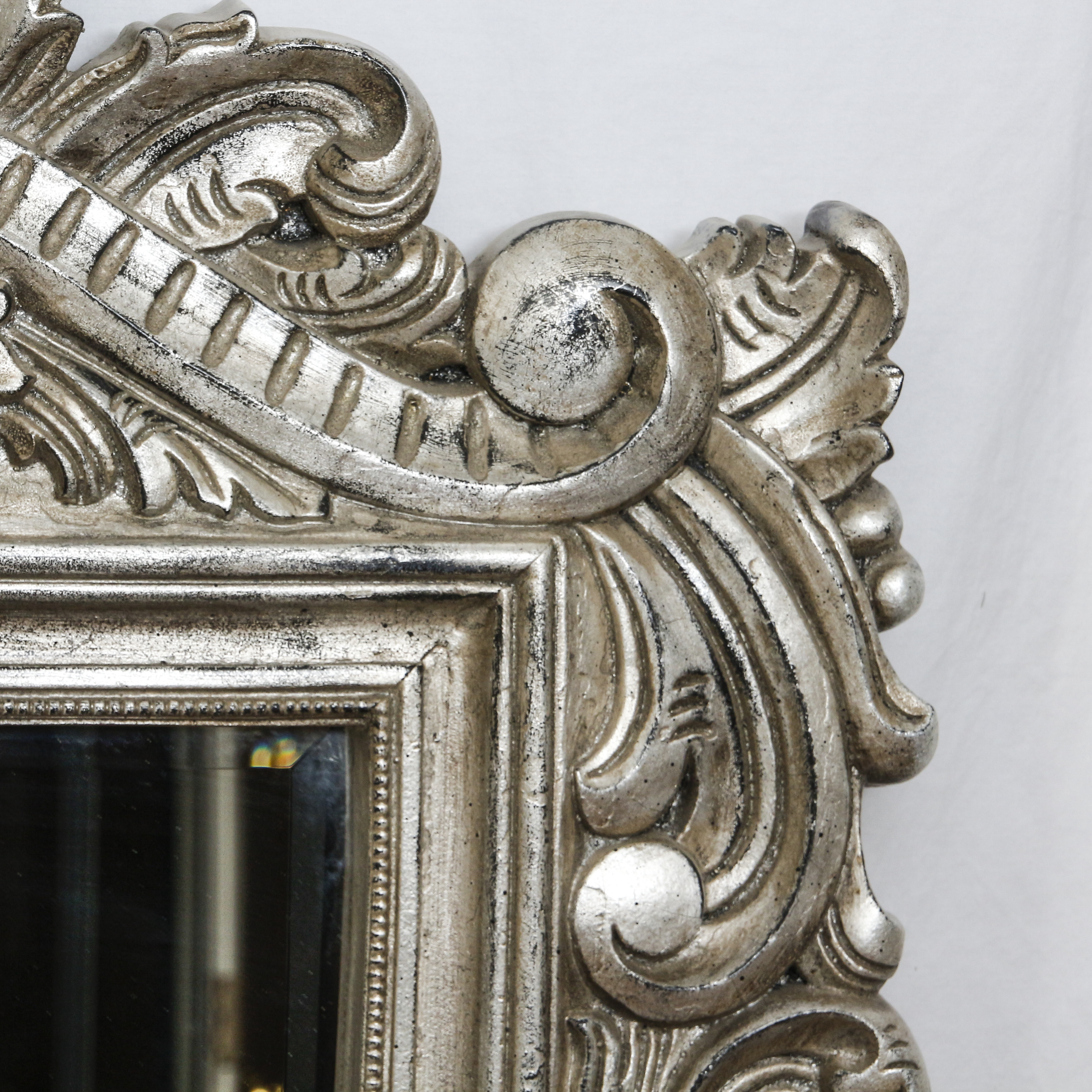 Baroque Style Ornate Silver Tone Large Composite Wall Mirror with Gilt Accents