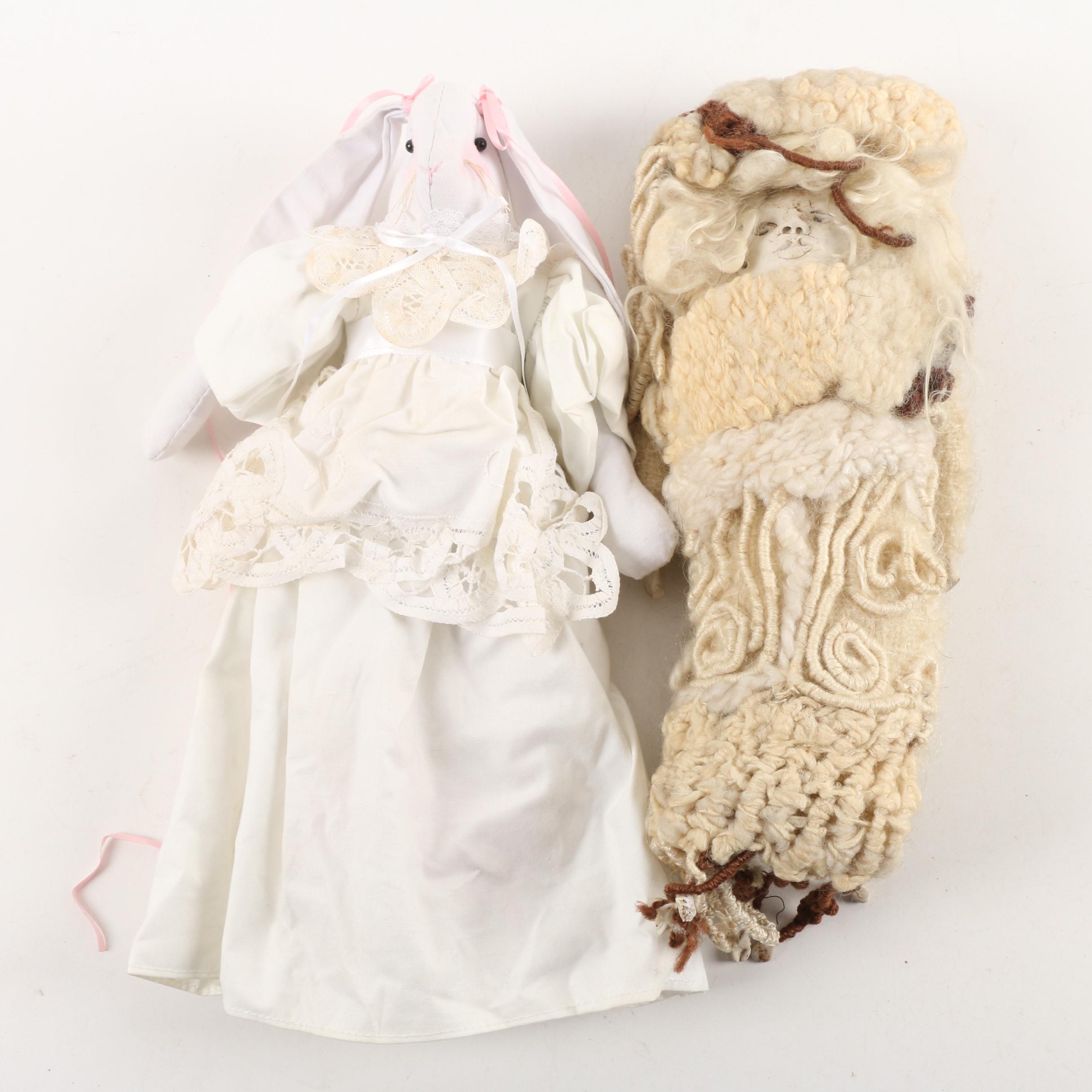 Vintage Handmade Art Doll with Plush Bunny Rabbit