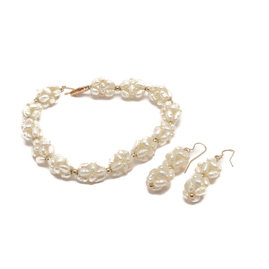 14K Yellow Gold Cultured Pearl Earring and Bracelet Set