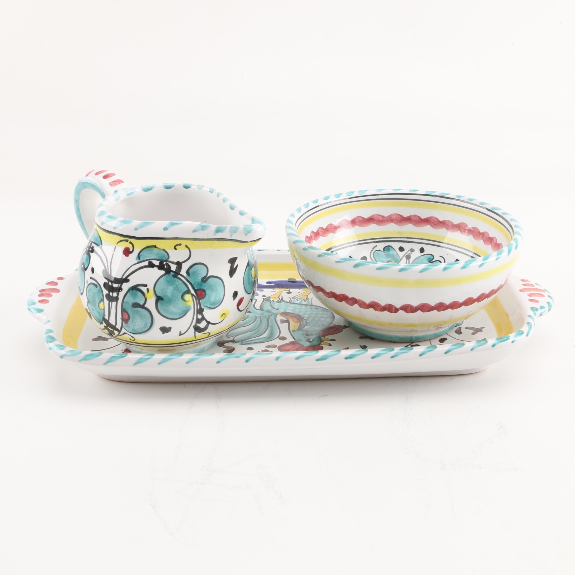Deruta Italian Hand-Painted "Green Rooster" Creamer and Sugar Set with Tray