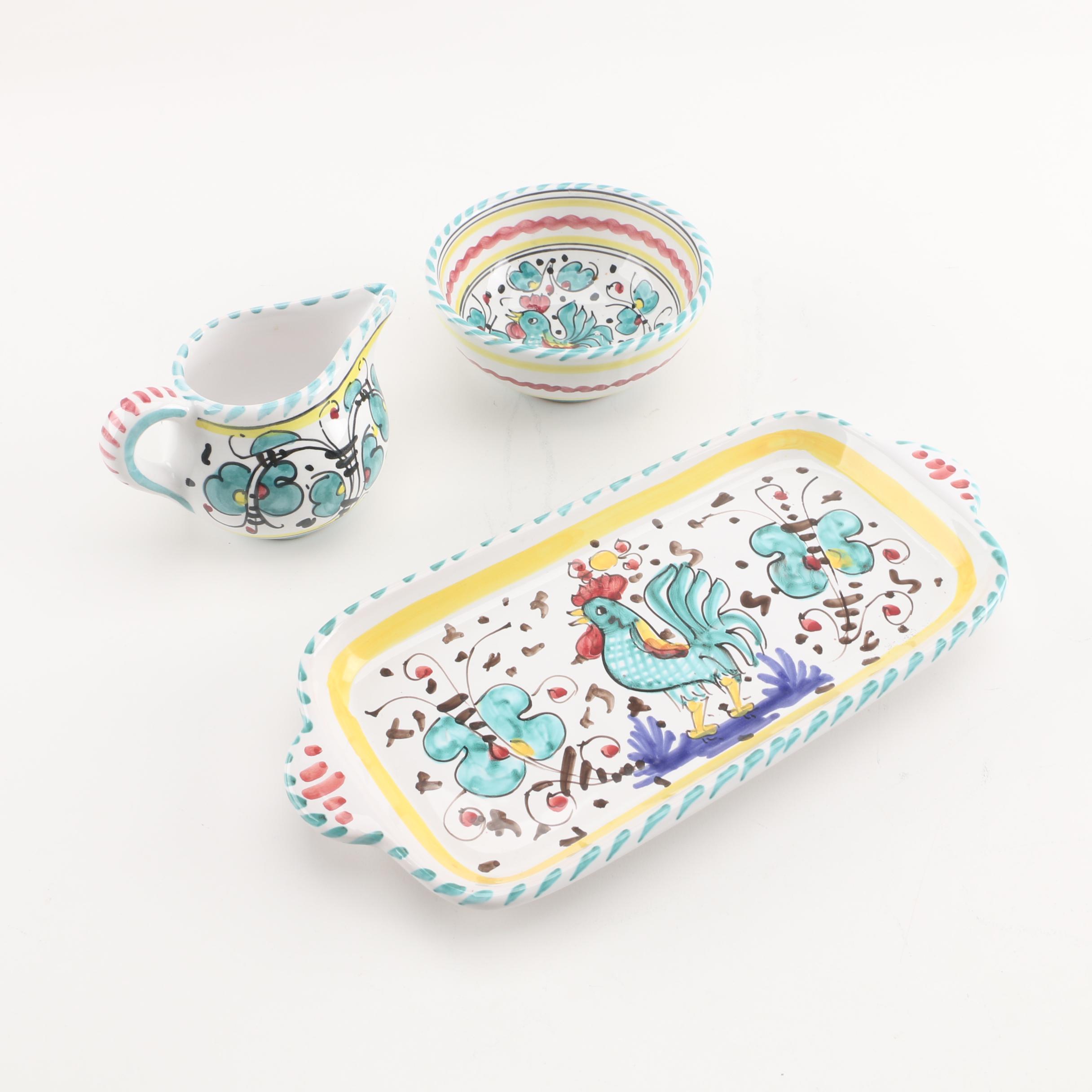 Deruta Italian Hand-Painted "Green Rooster" Creamer and Sugar Set with Tray