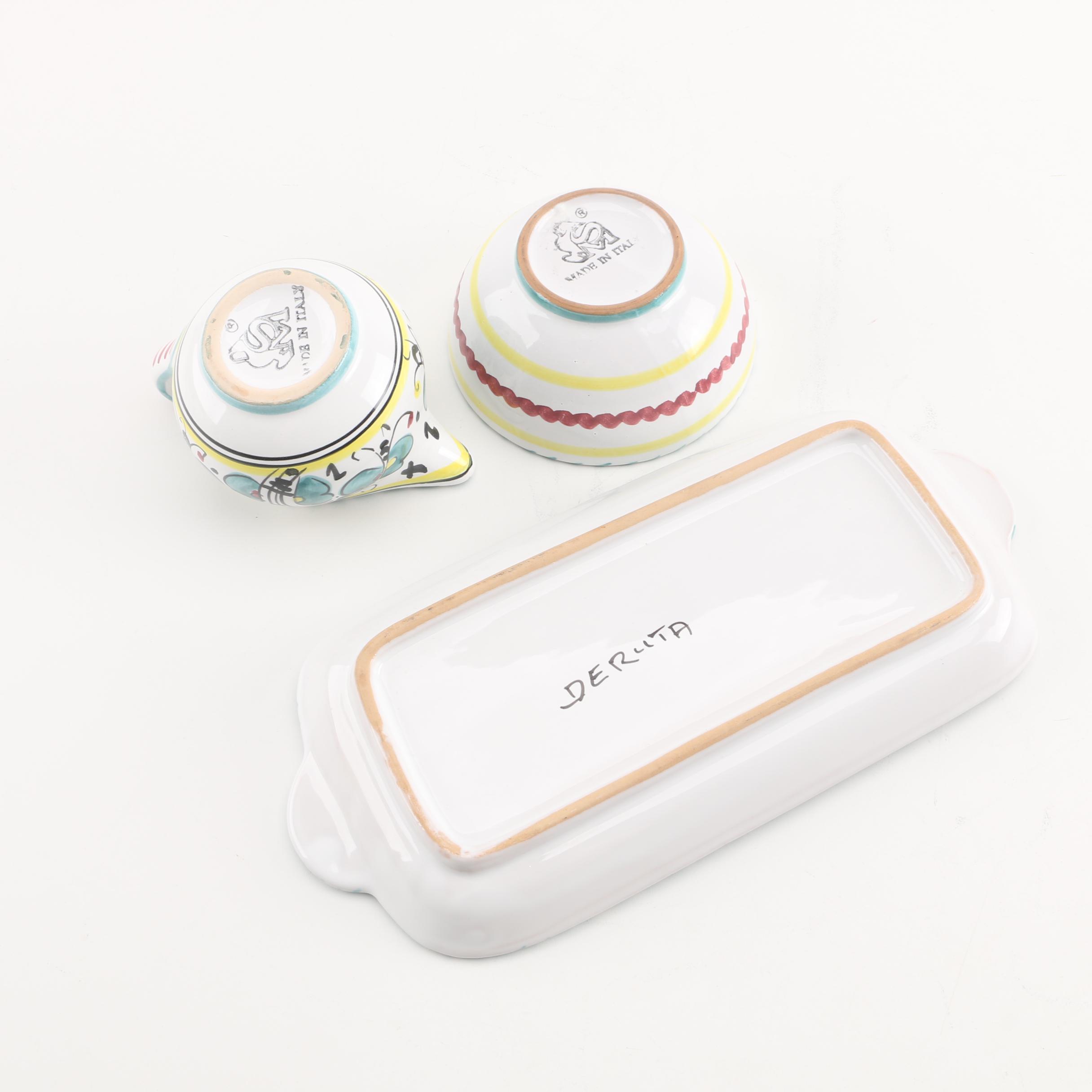 Deruta Italian Hand-Painted "Green Rooster" Creamer and Sugar Set with Tray