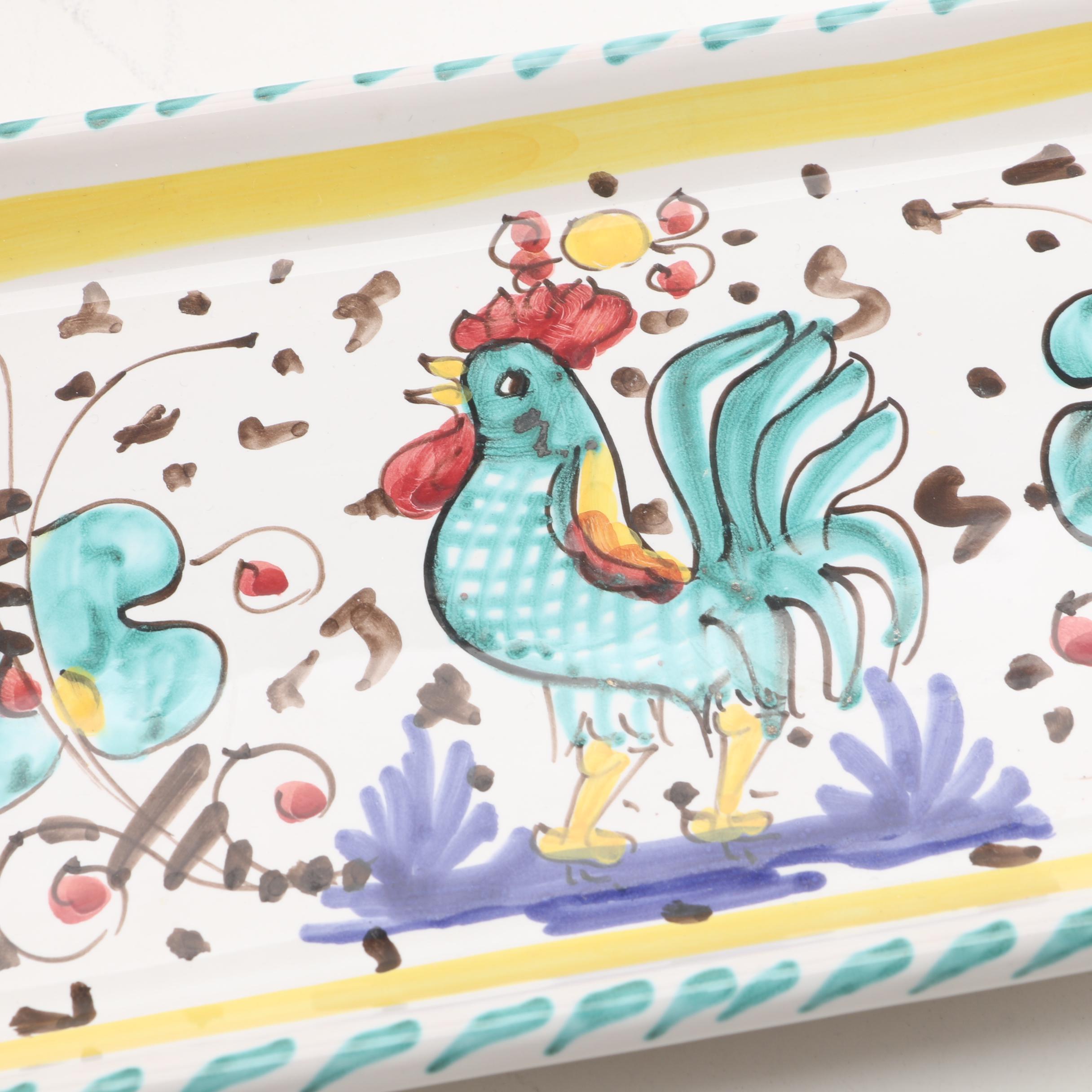 Deruta Italian Hand-Painted "Green Rooster" Creamer and Sugar Set with Tray