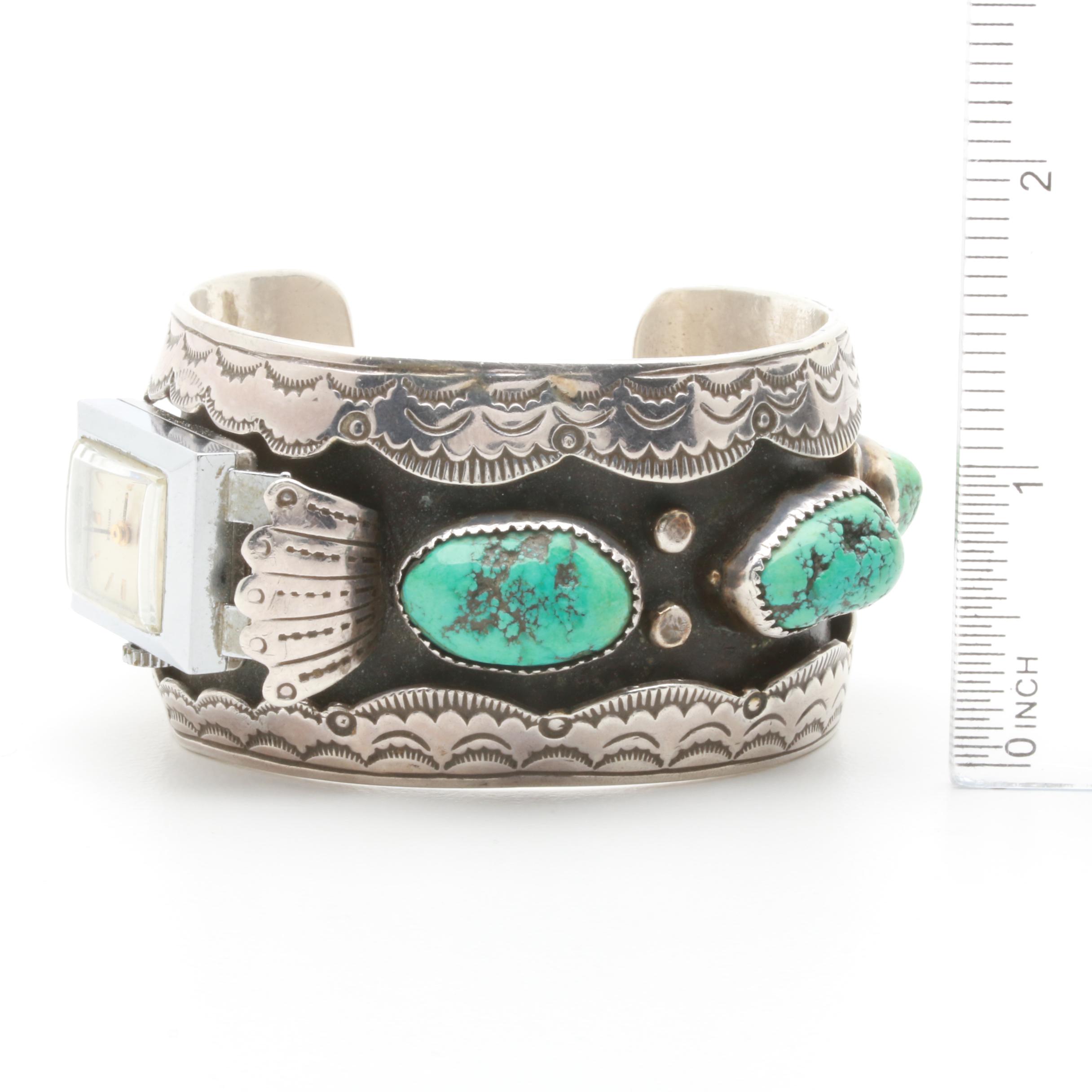 Chester Gverro Najavo Diné Sterling Silver Turquoise Watch Cuff Bracelet