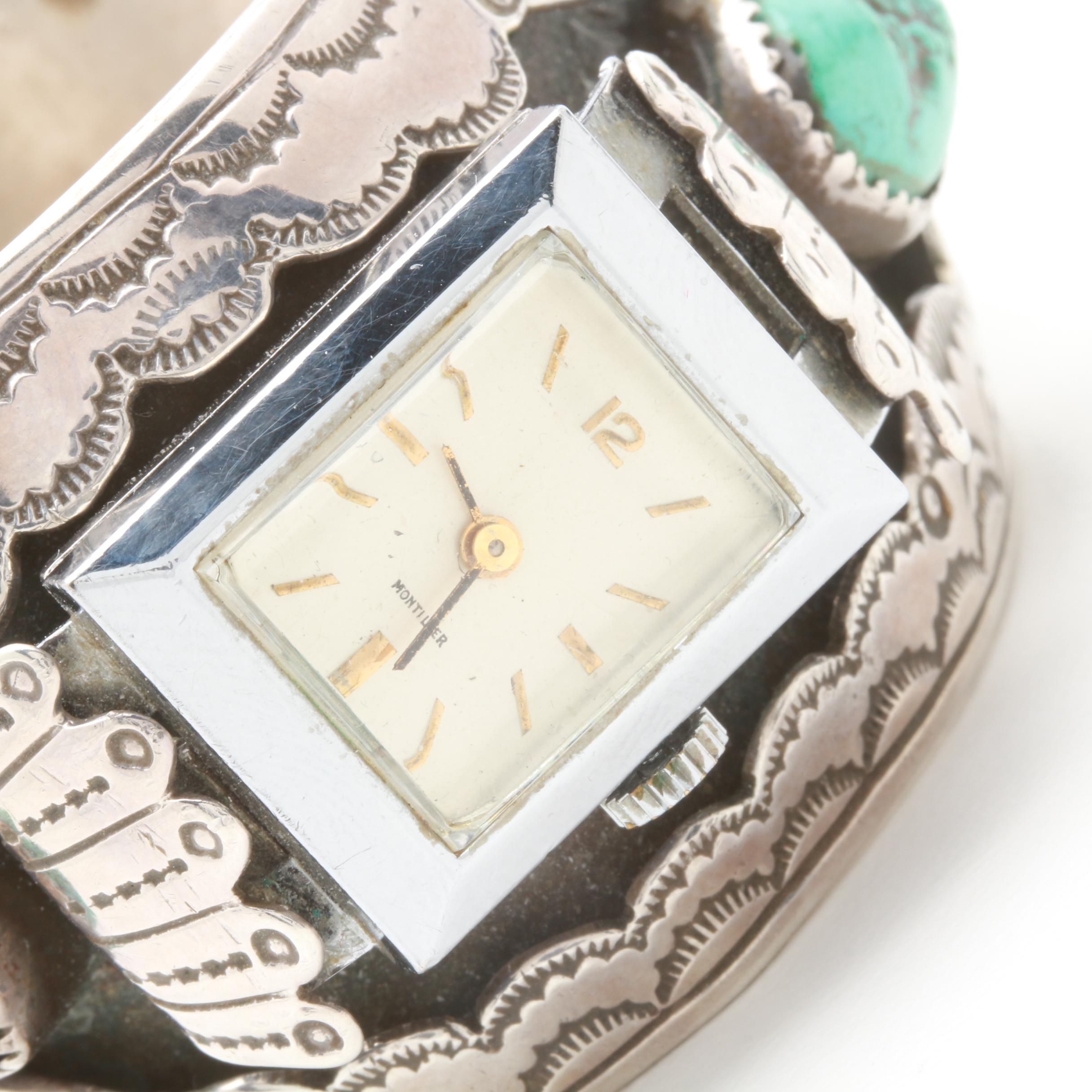 Chester Gverro Najavo Diné Sterling Silver Turquoise Watch Cuff Bracelet