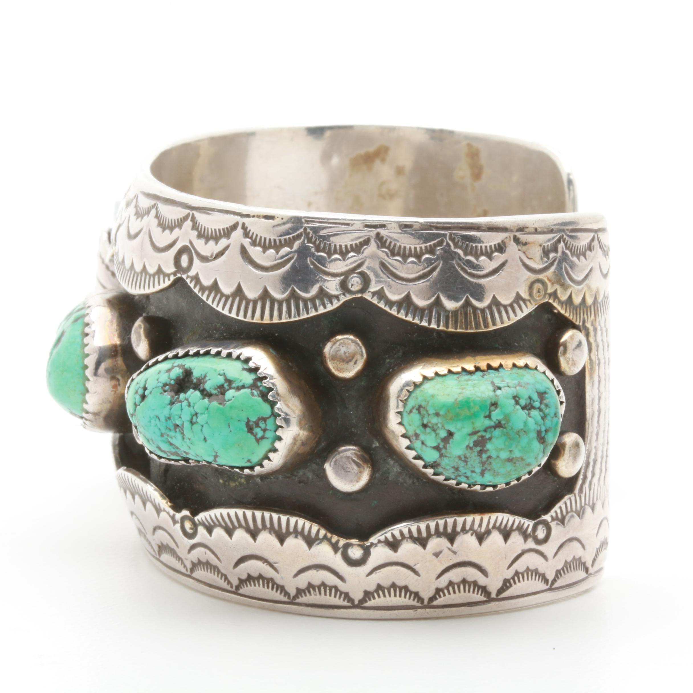 Chester Gverro Najavo Diné Sterling Silver Turquoise Watch Cuff Bracelet