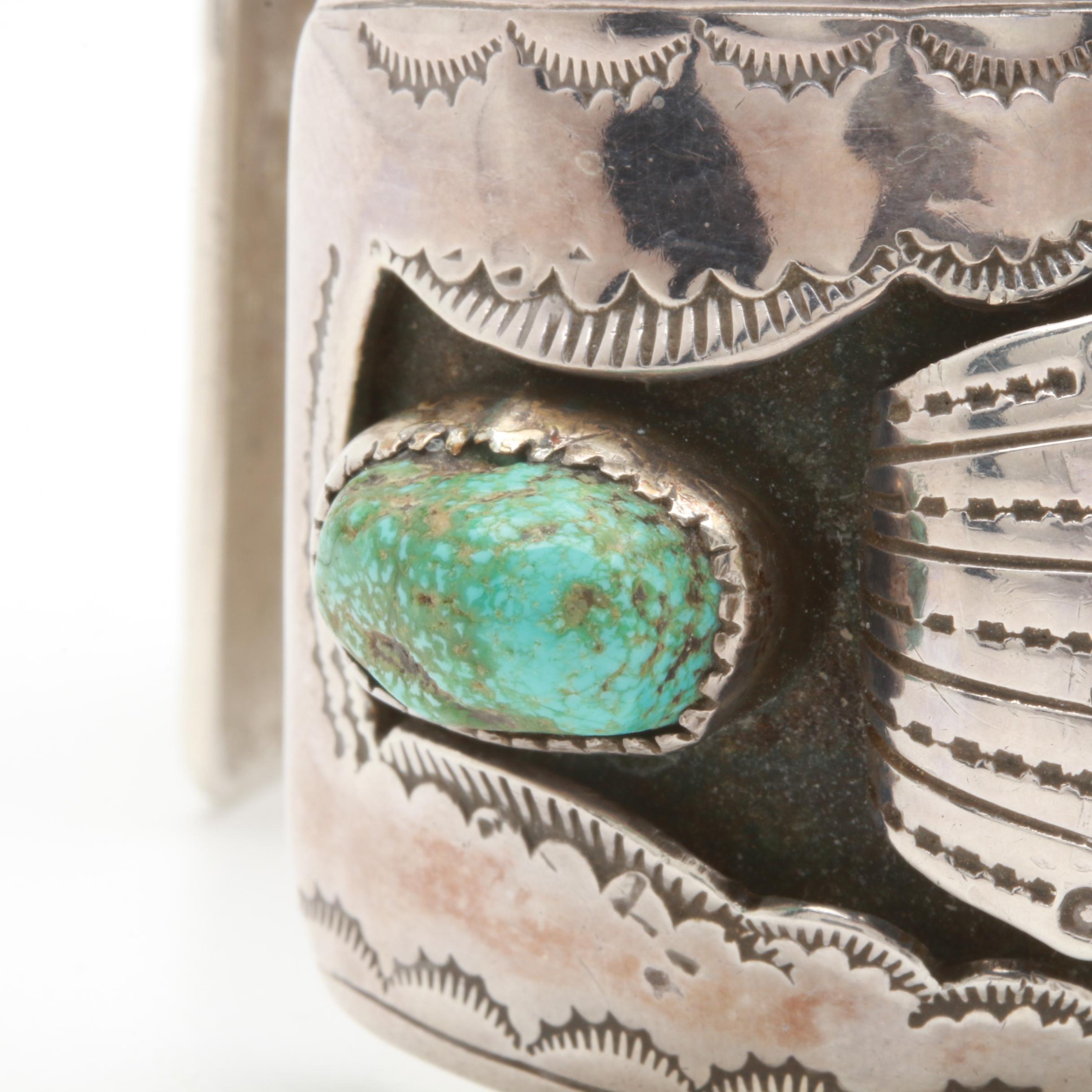 Chester Gverro Najavo Diné Sterling Silver Turquoise Watch Cuff Bracelet