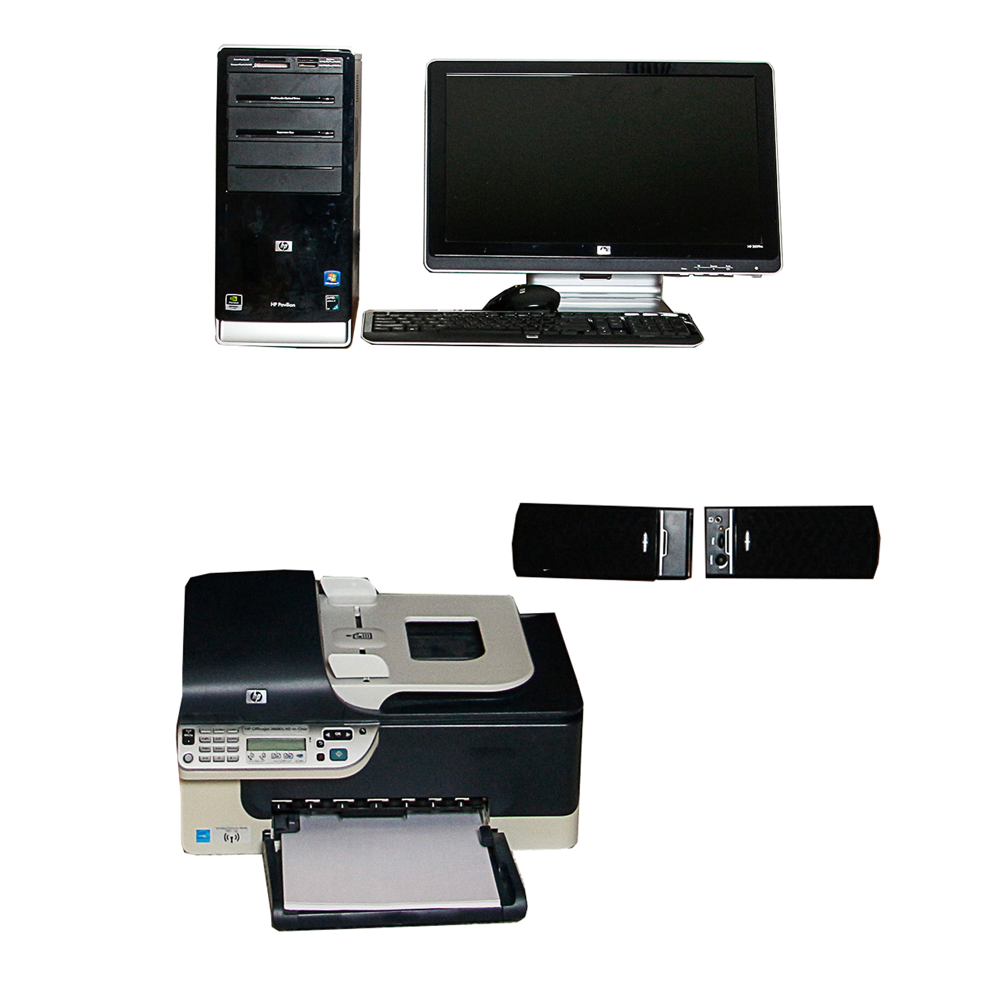 Computer Table with HP Desktop Computer, Monitor, Speakers, and Printer