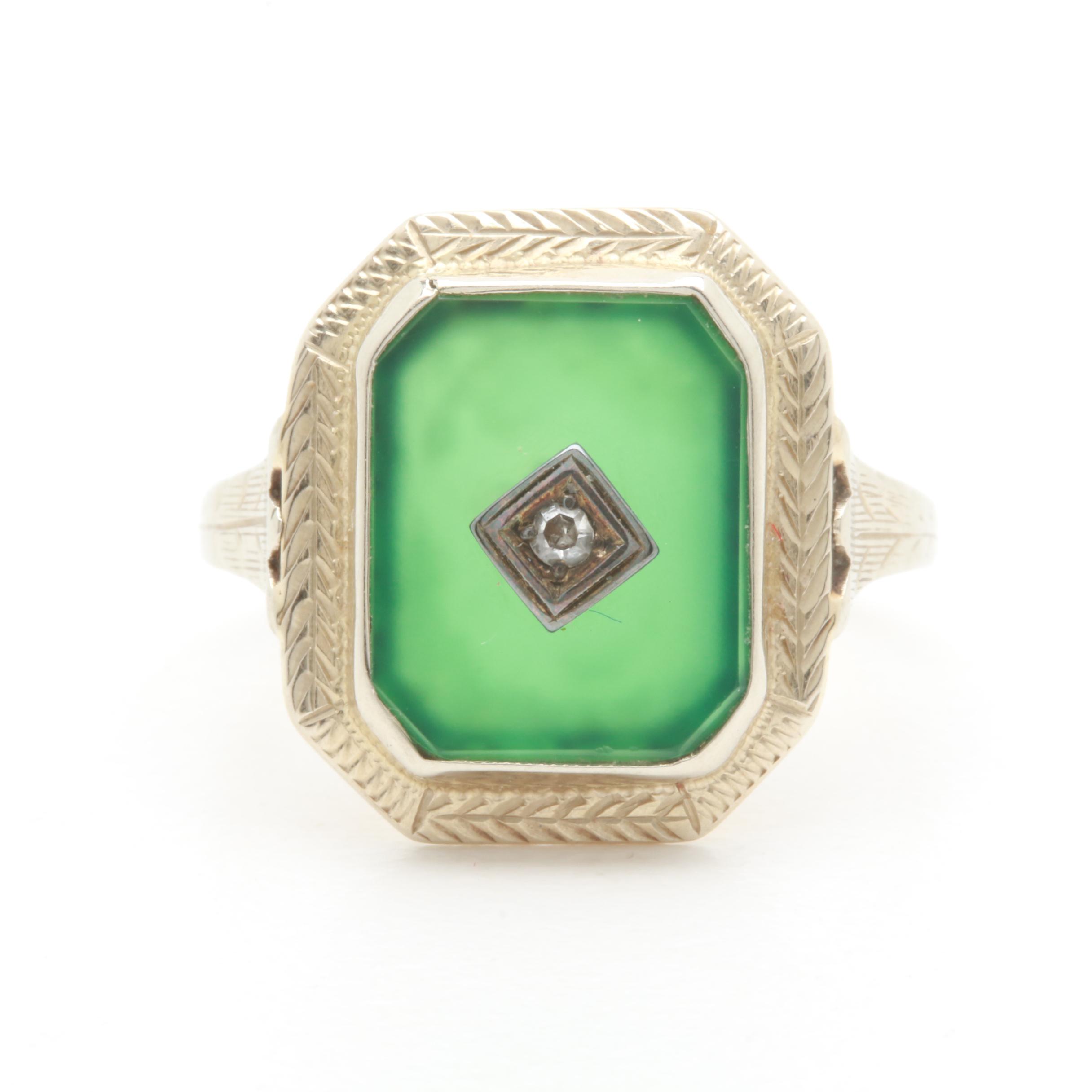 Art Deco 14K Yellow Gold Chalcedony and Diamond Ring with White Gold Accents