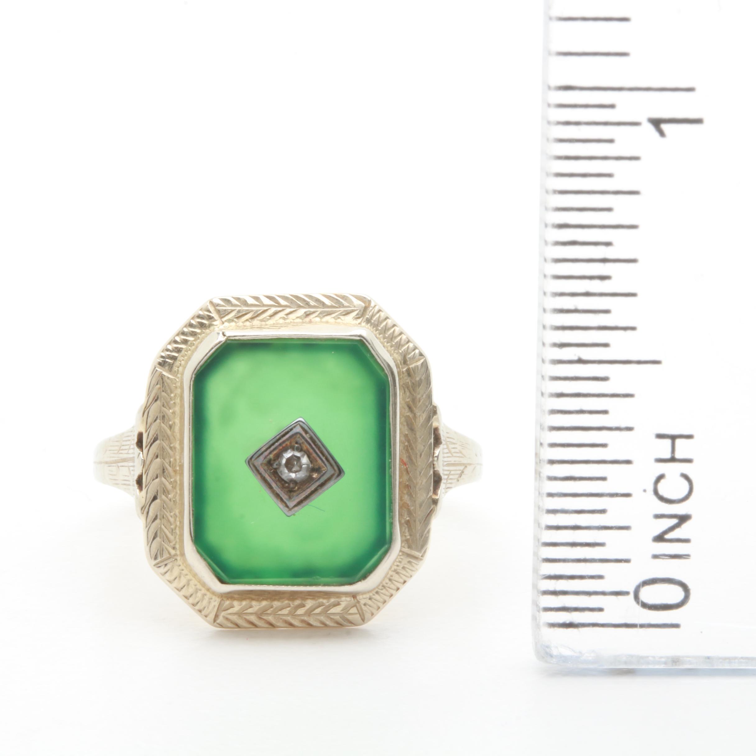 Art Deco 14K Yellow Gold Chalcedony and Diamond Ring with White Gold Accents