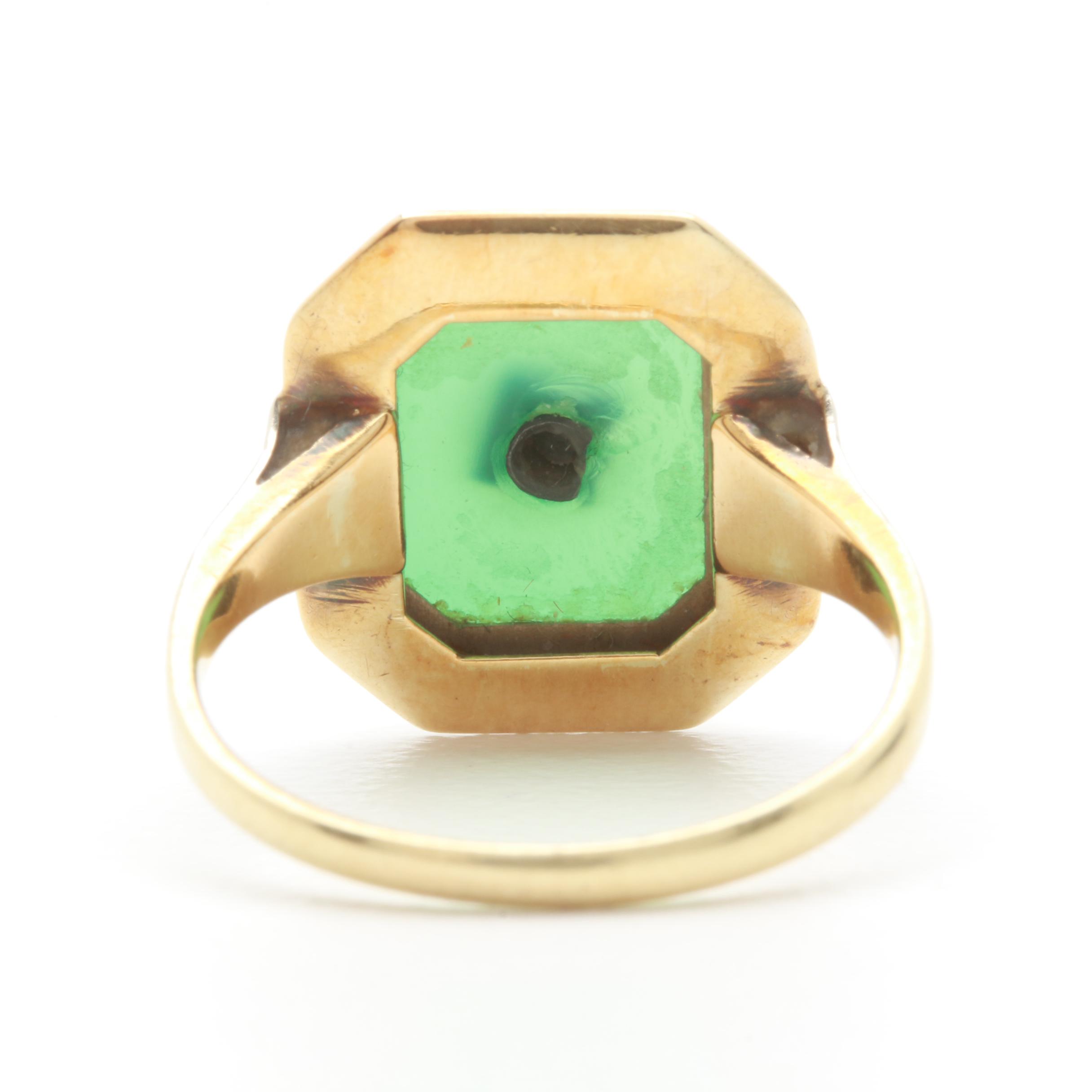 Art Deco 14K Yellow Gold Chalcedony and Diamond Ring with White Gold Accents