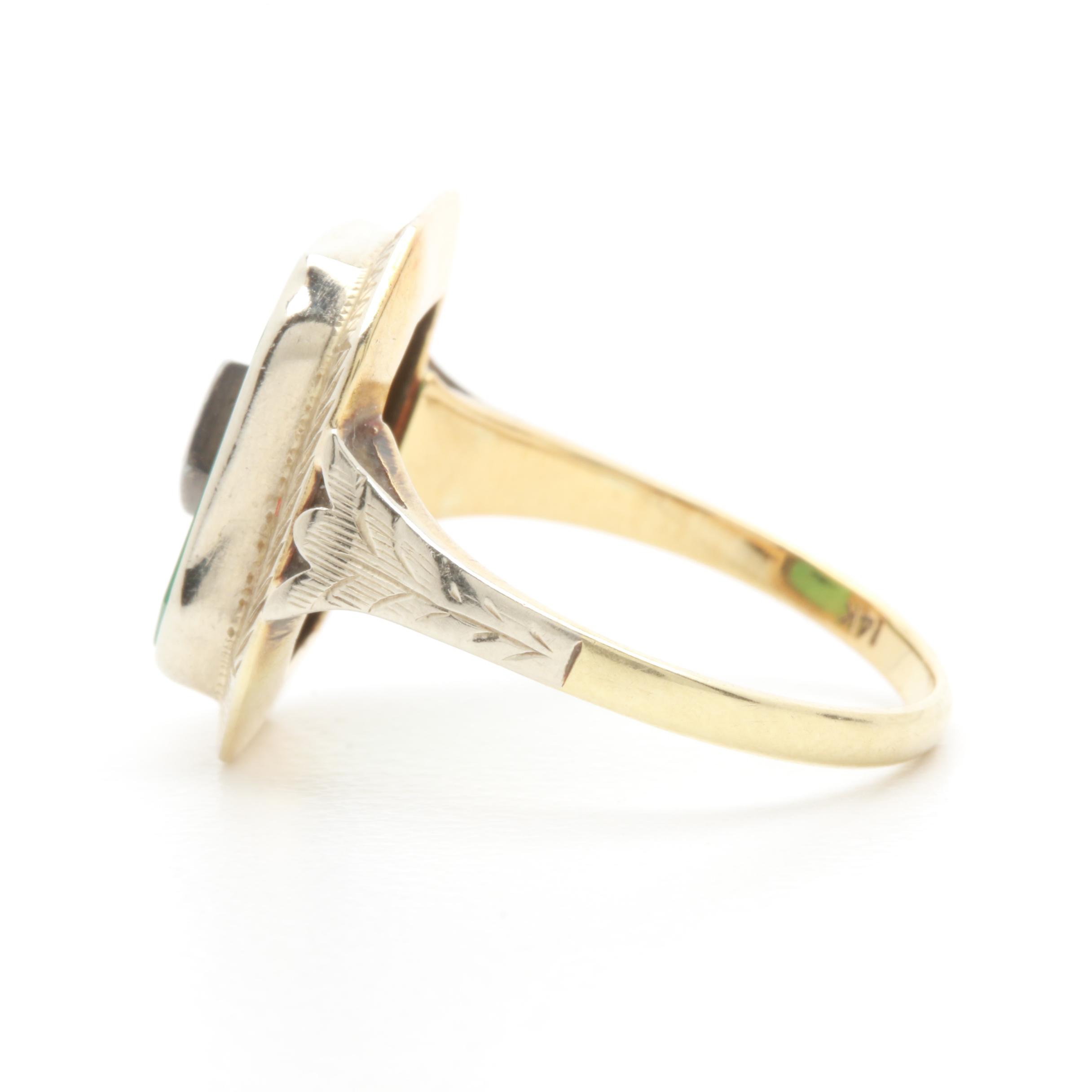 Art Deco 14K Yellow Gold Chalcedony and Diamond Ring with White Gold Accents