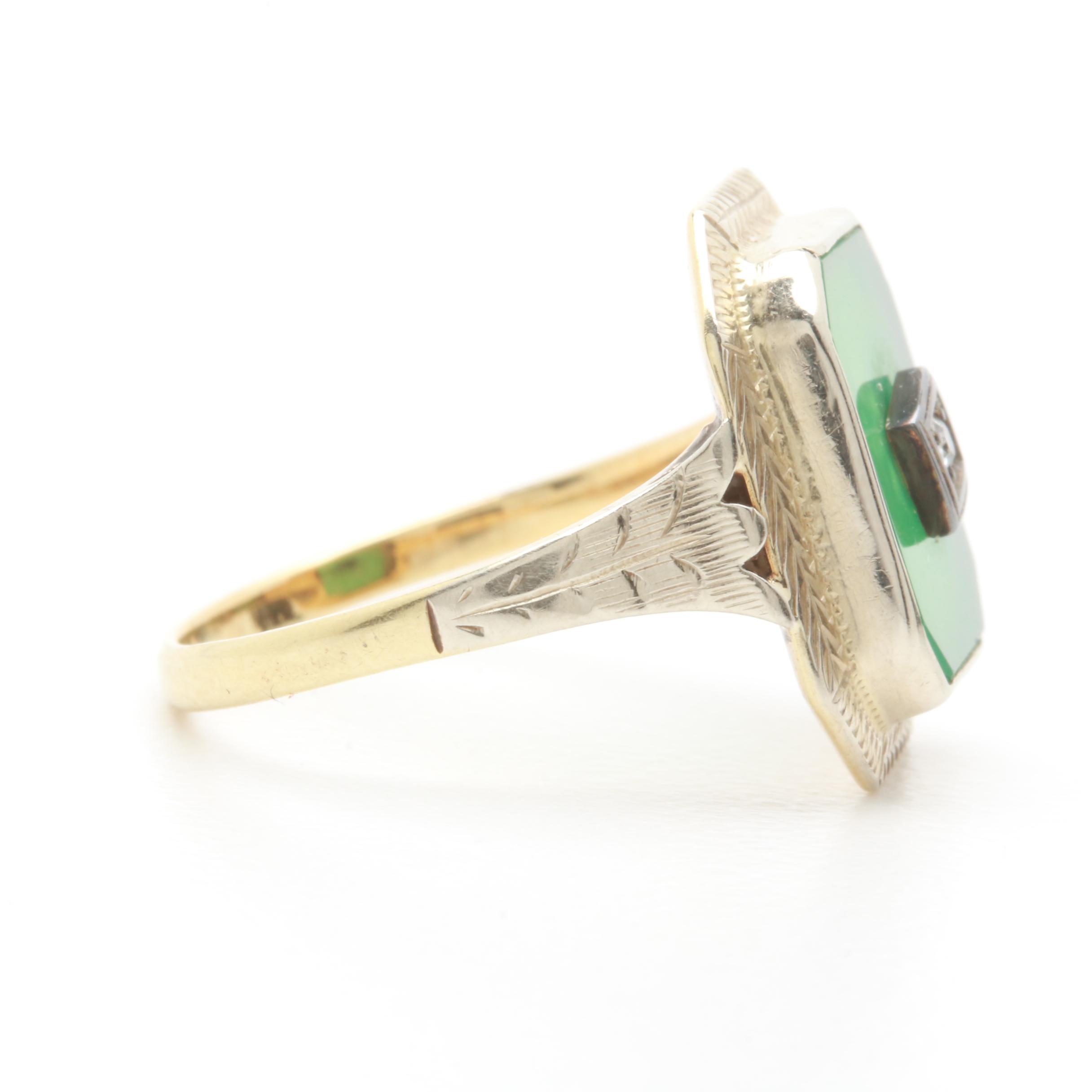 Art Deco 14K Yellow Gold Chalcedony and Diamond Ring with White Gold Accents