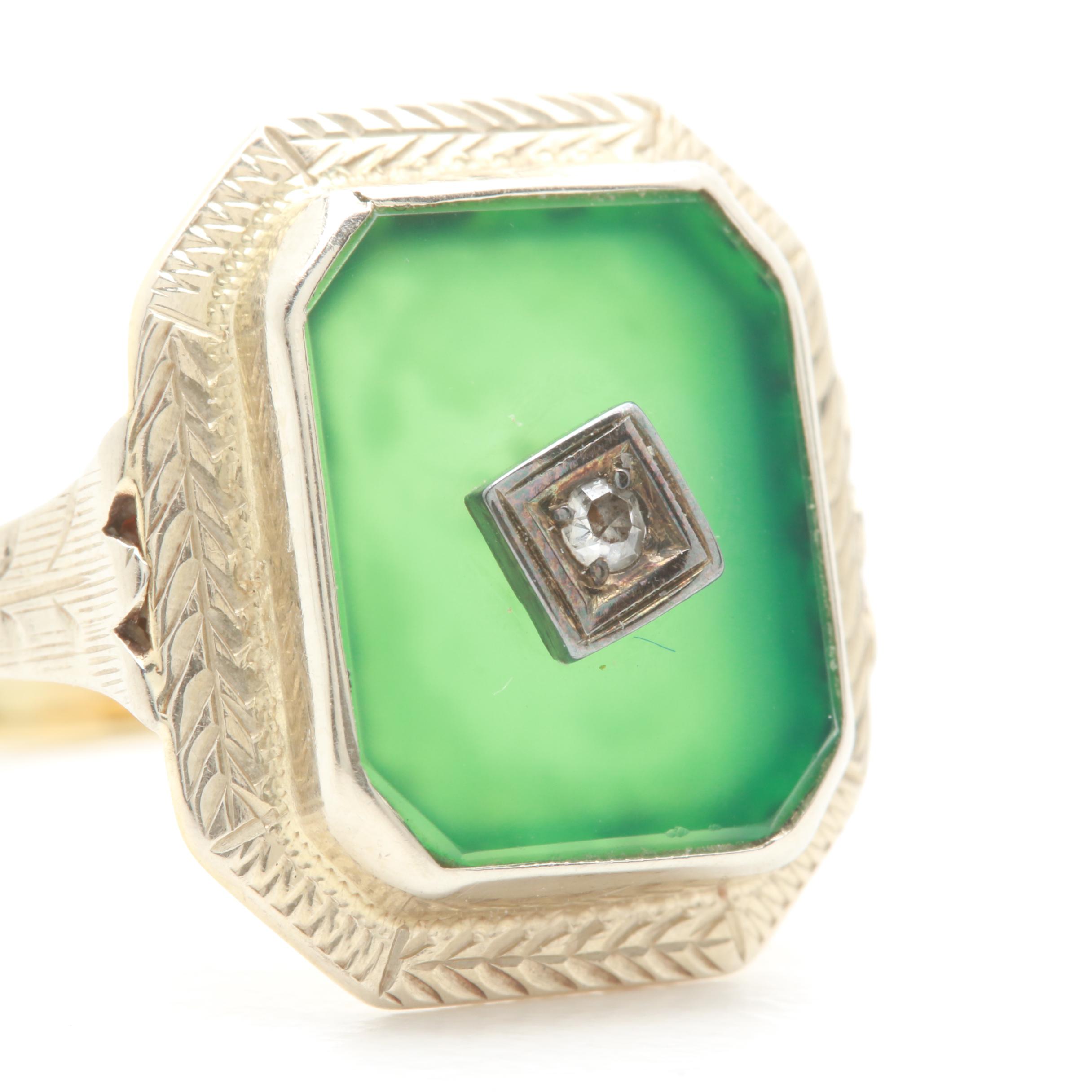 Art Deco 14K Yellow Gold Chalcedony and Diamond Ring with White Gold Accents