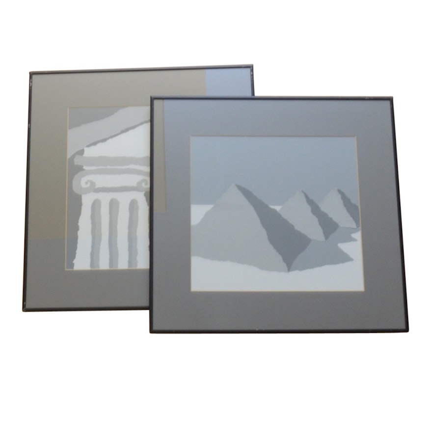 Pair of Collage Paper Artwork of Ancient Civilization Monuments