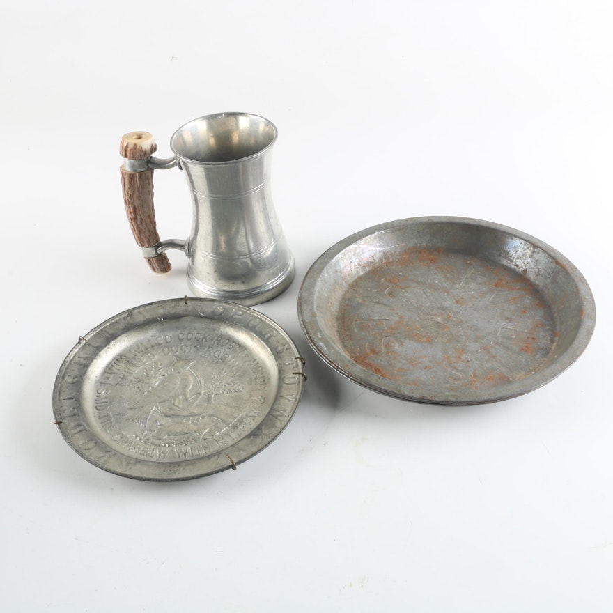 Tin Pie Plates, Samuel Peace Glass-Bottomed Pewter Mug and Embossed Tin Plate