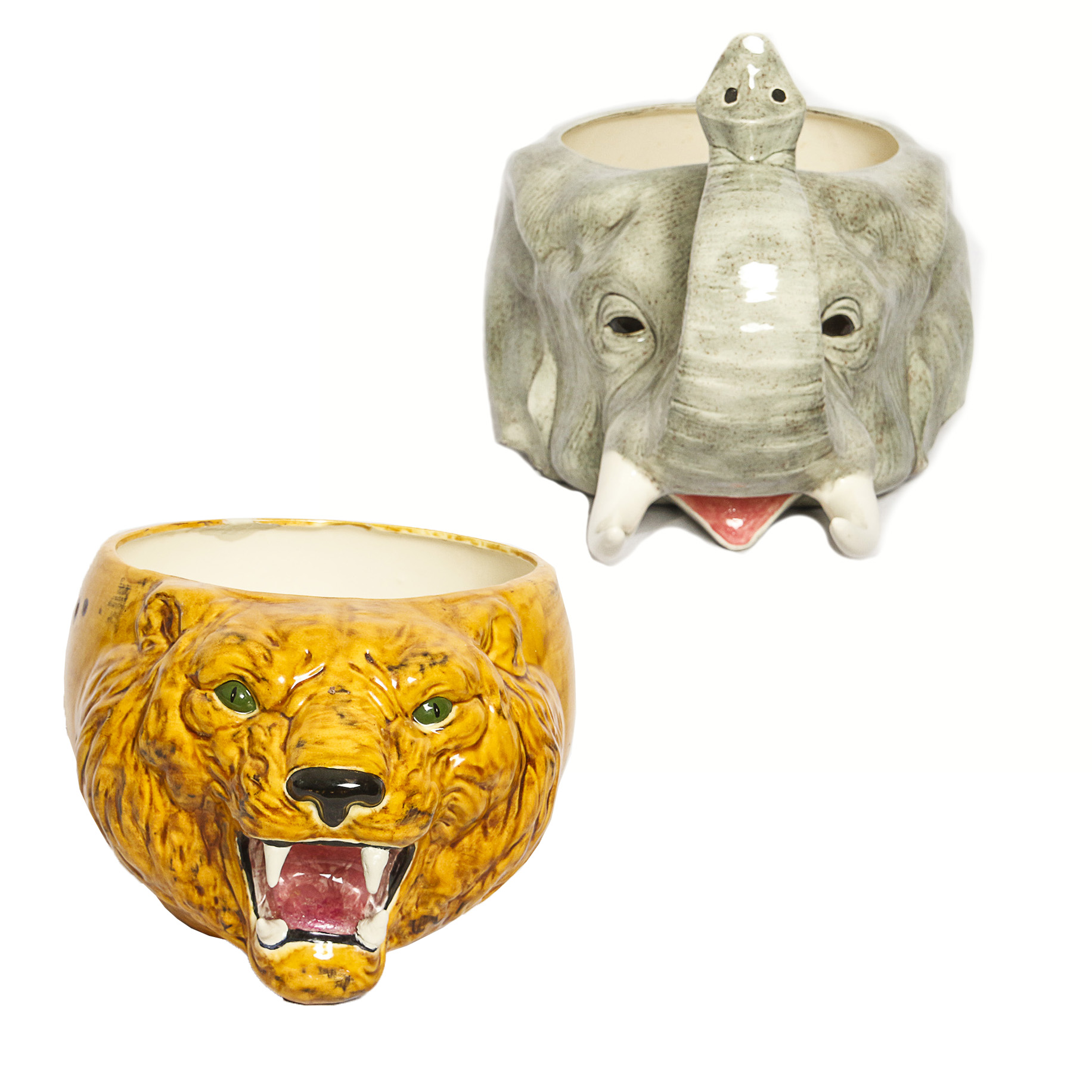 Hand-Painted Signed Animal Head Ceramic Planters