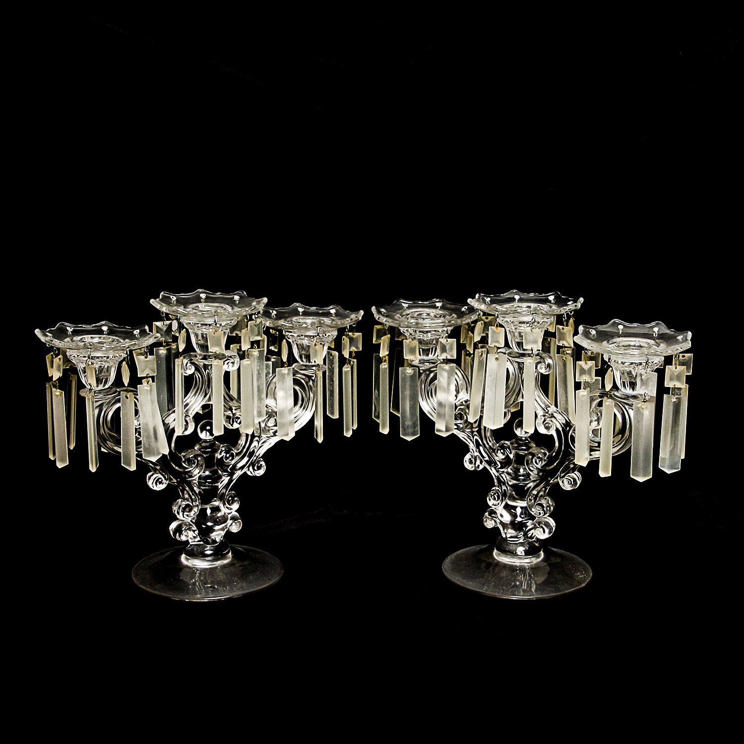 Vintage Glass Girandoles with Hanging Prisms