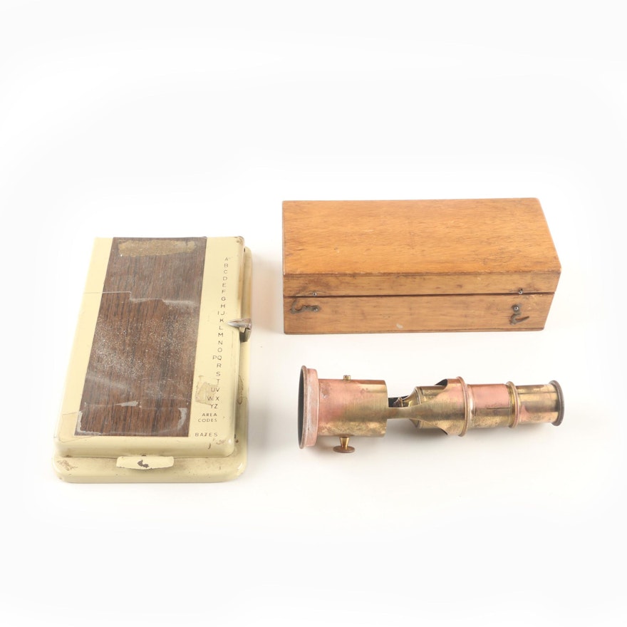 Vintage Brass Drum Microscope With Box and Bates List Finder