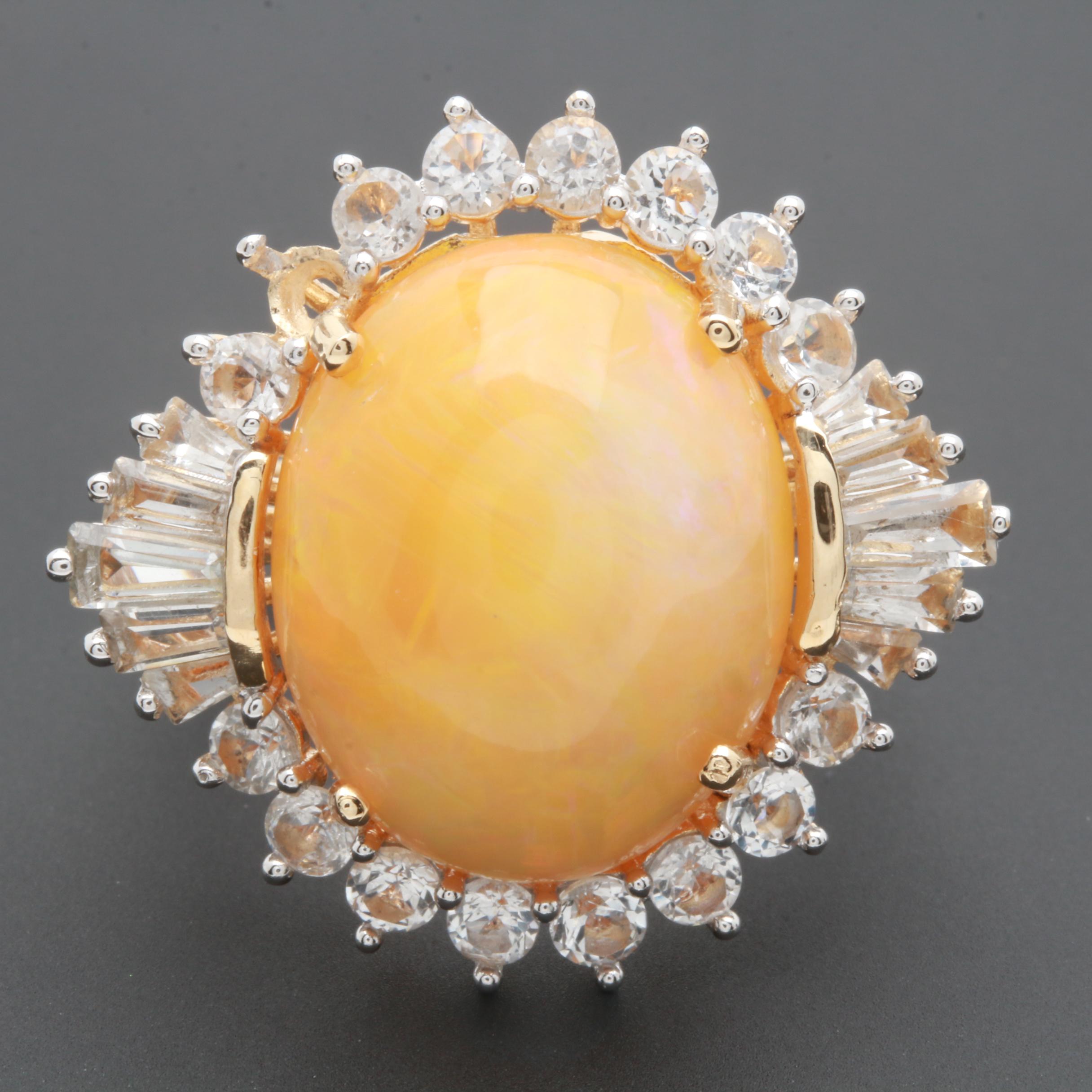 Gold Wash on Sterling Silver Opal and White Topaz Cocktail Ring