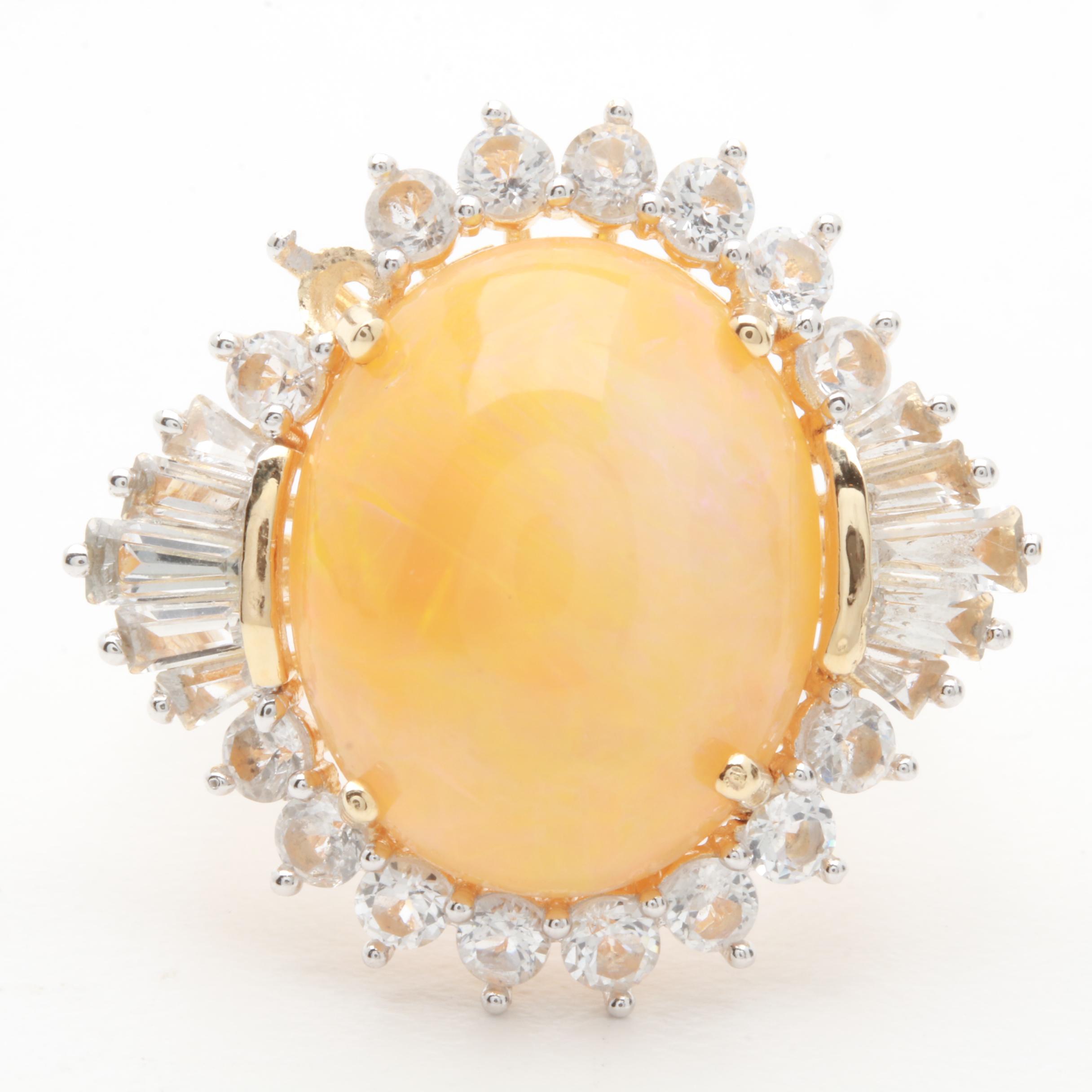 Gold Wash on Sterling Silver Opal and White Topaz Cocktail Ring