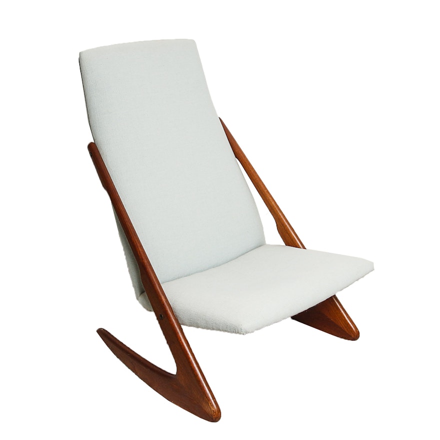 Vintage Danish Modern Teak Boomerang Style Upholstered Rocking Chair