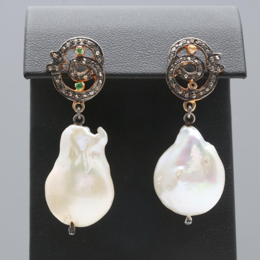 Sterling Silver Cultured Pearl, Emerald and Diamond Earrings