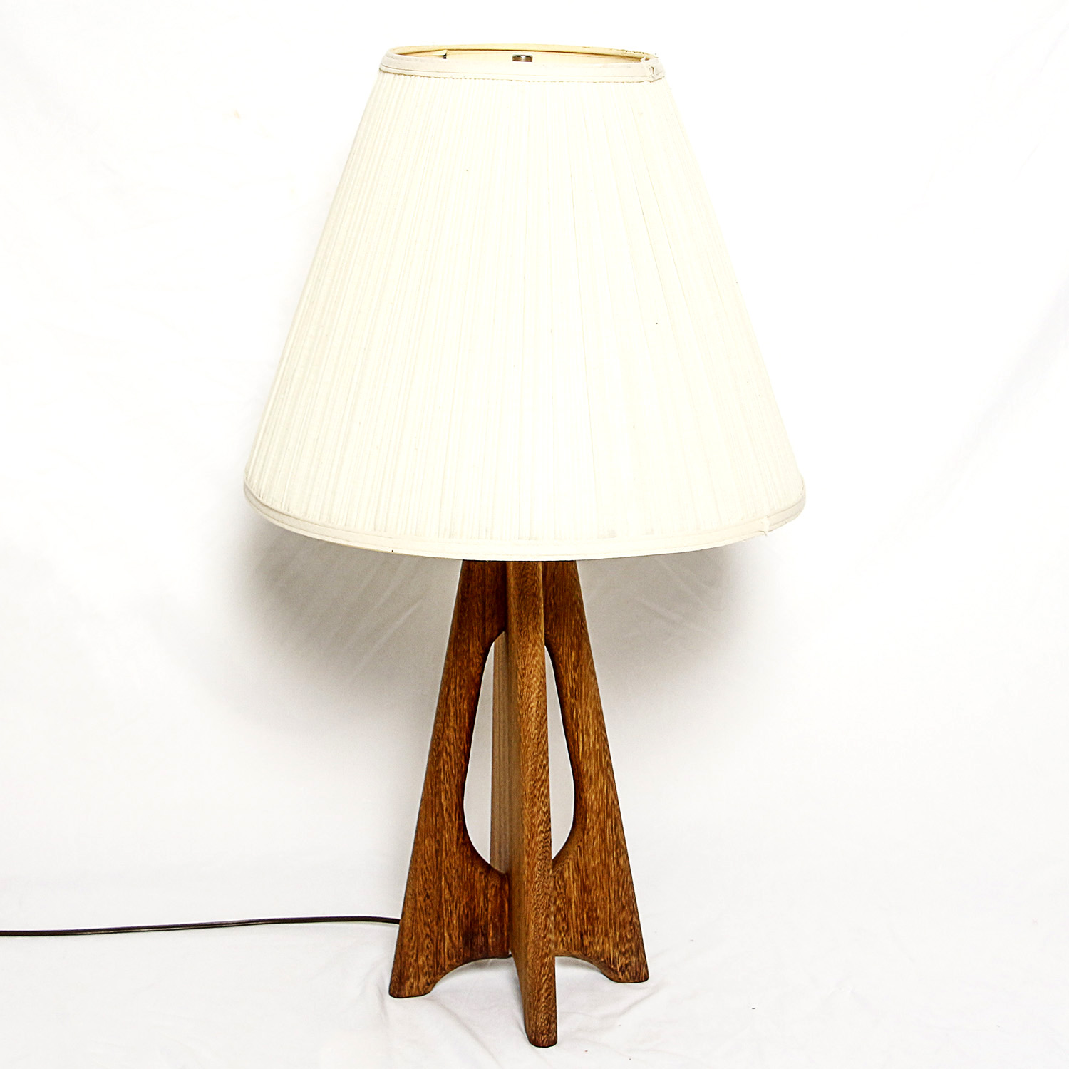 Mid Century Modern-Style Carved Wood Table Lamp with Fabric Shade