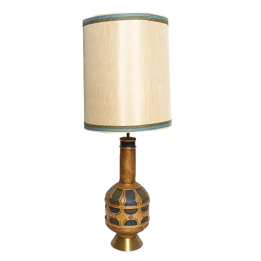 Mid-Century Embossed Ceramic Table Lamp with Large Fabric Barrel Shade