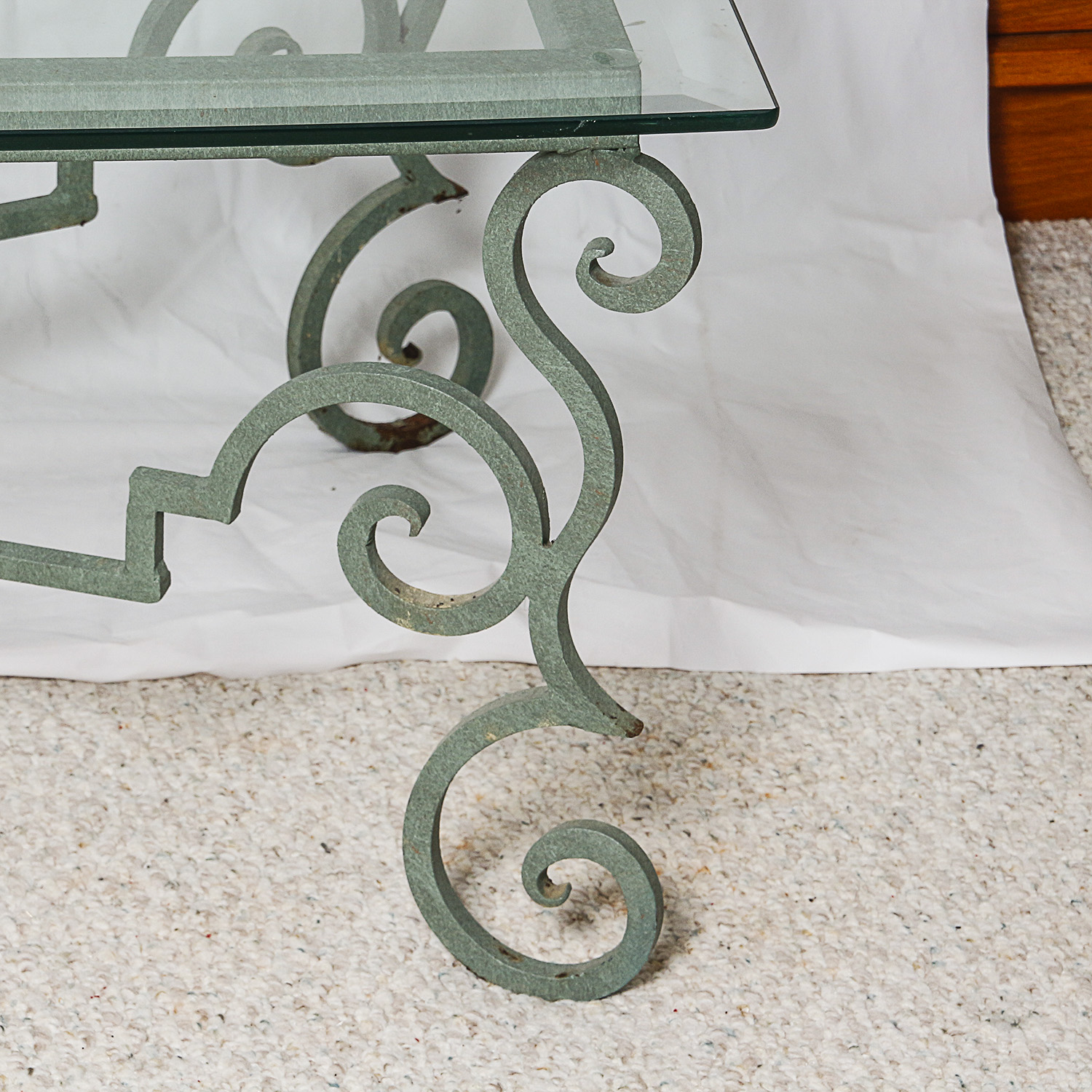 Glass Top Coffee Table with Green Painted Metal Base