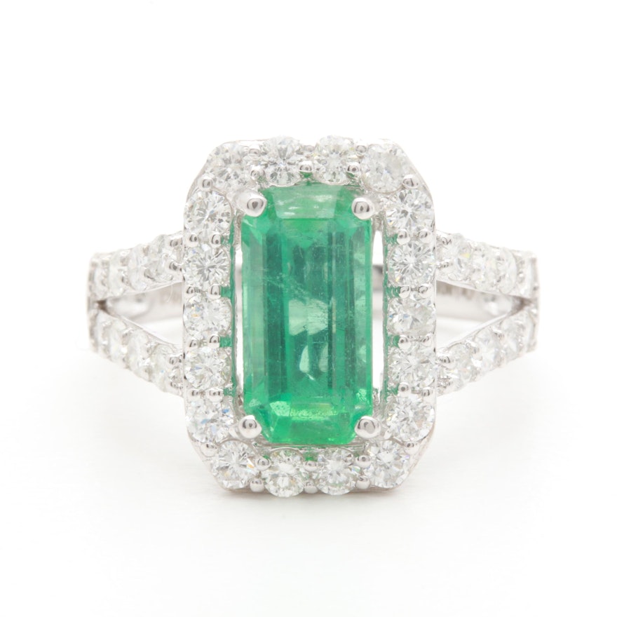 14K White Gold 1.74 CT Emerald and 1.02 CTW Diamond Ring