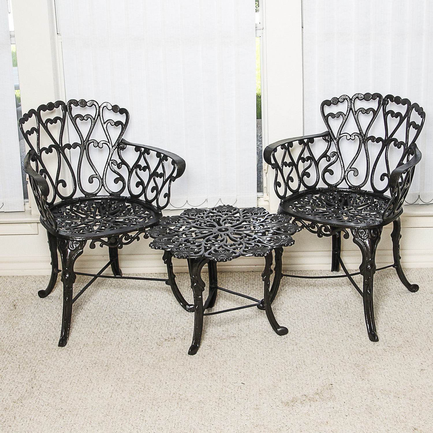 Victorian Style Black Metal Patio Armchairs with Accent Table