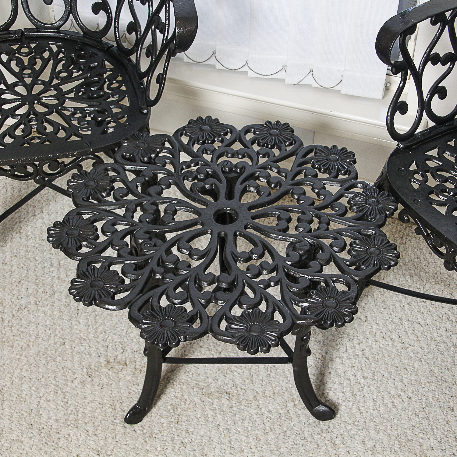 Victorian Style Black Metal Patio Armchairs with Accent Table