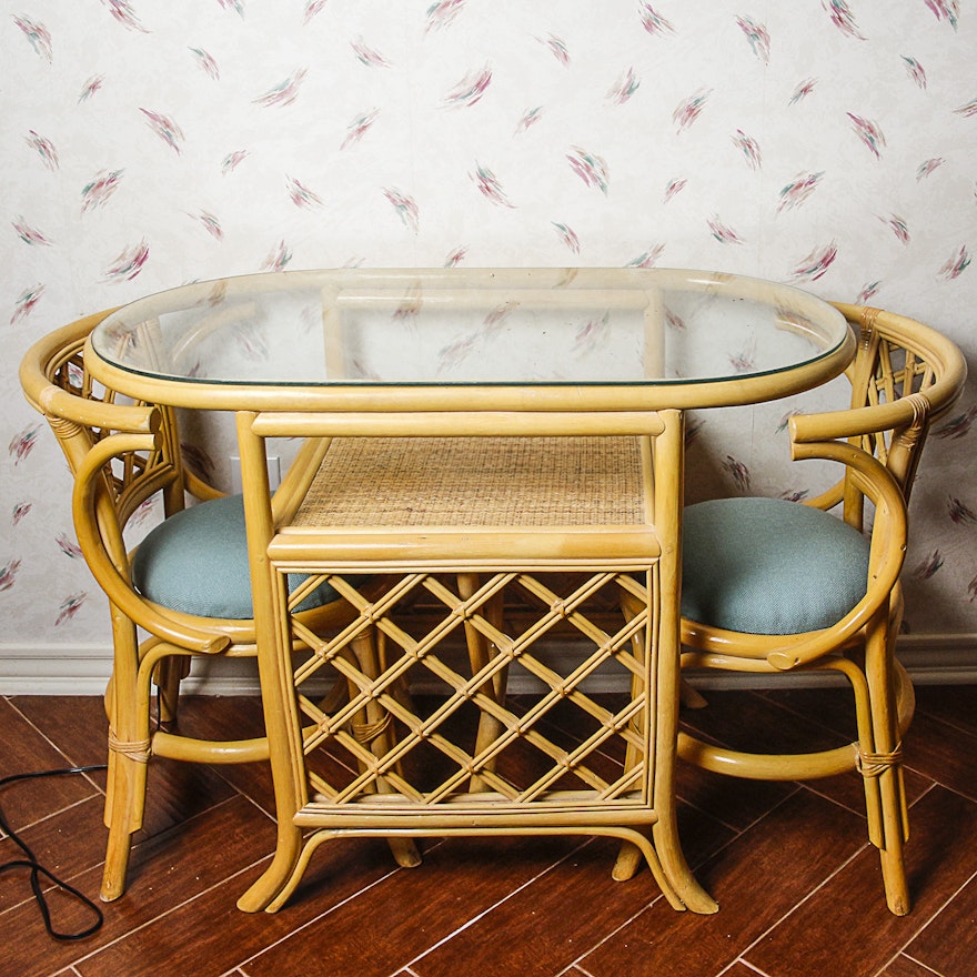 Glass Top Rattan Table with Side Chairs