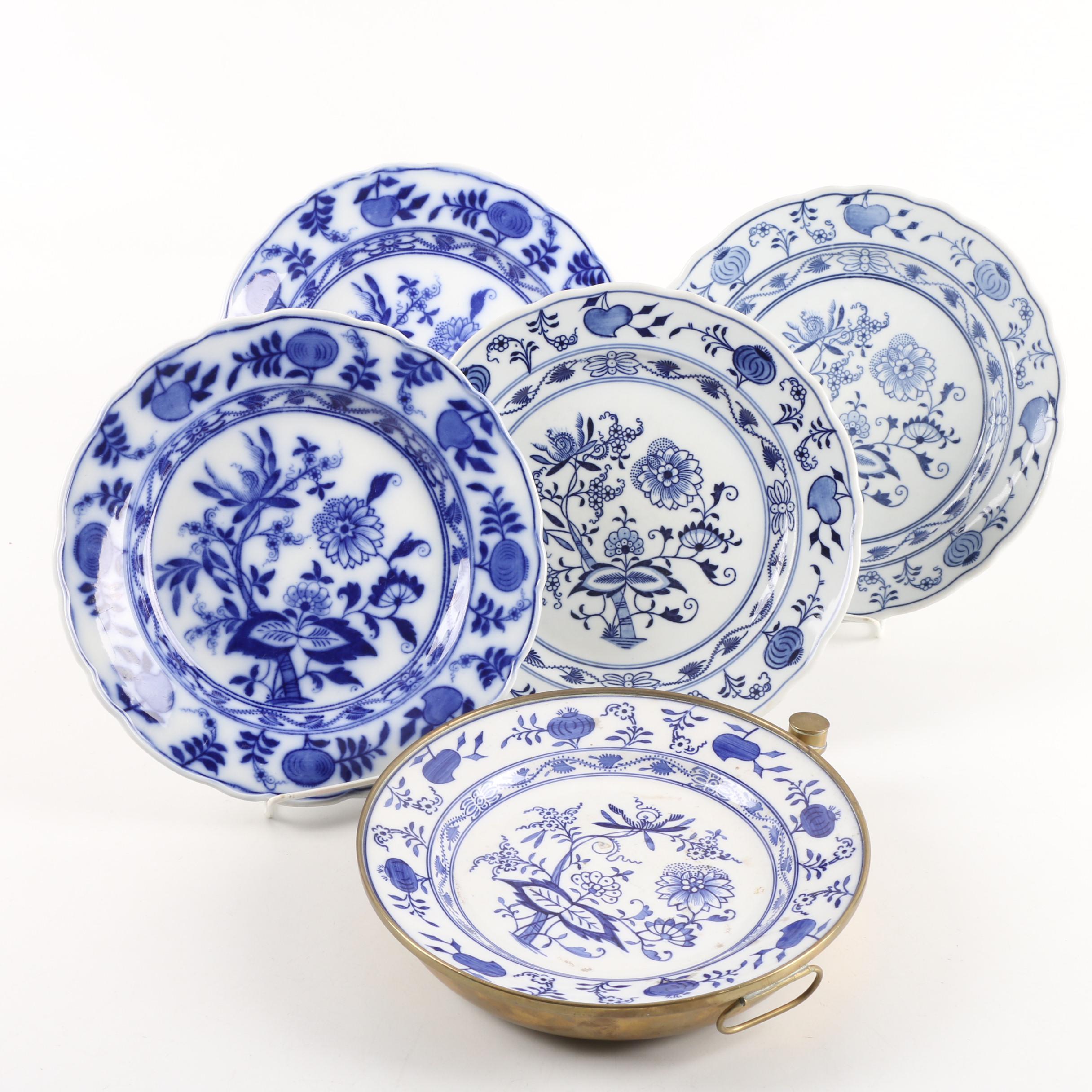 English "Meissen" and Carl Teichert Blue Onion Plates with Food Warmer