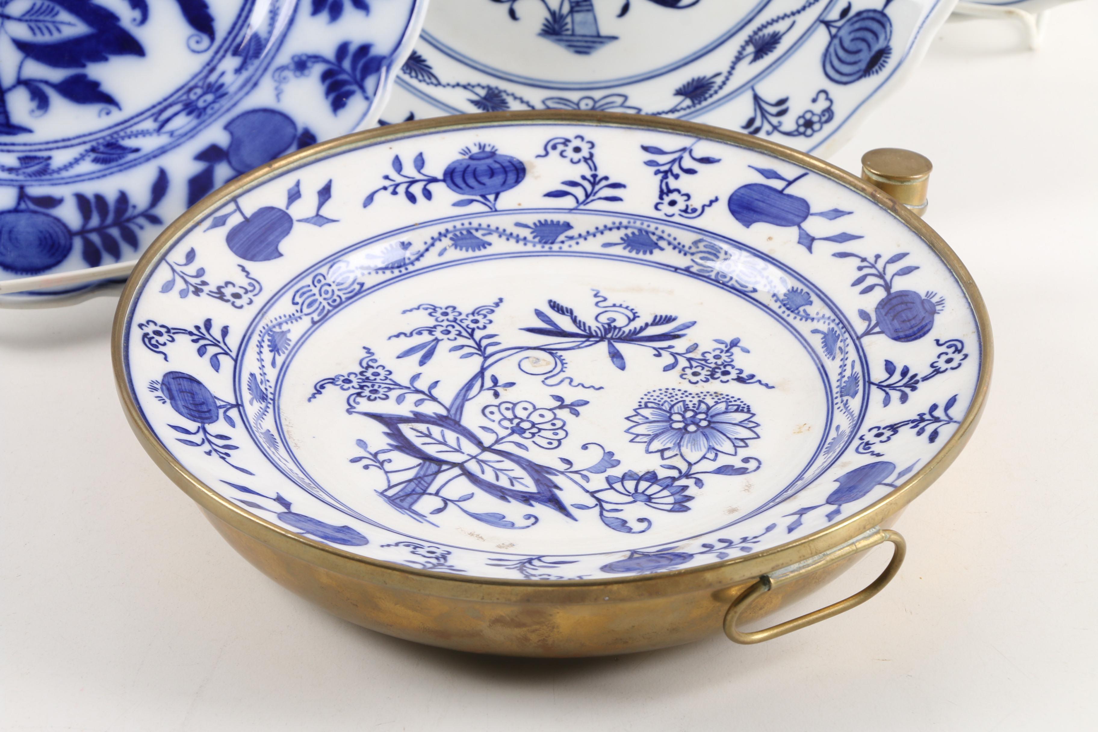 English "Meissen" and Carl Teichert Blue Onion Plates with Food Warmer
