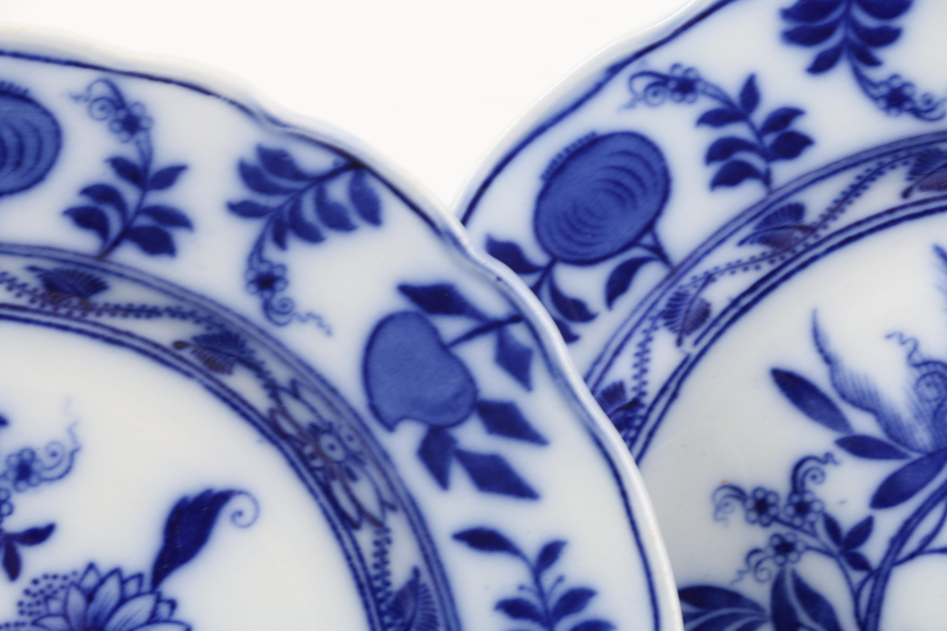 English "Meissen" and Carl Teichert Blue Onion Plates with Food Warmer