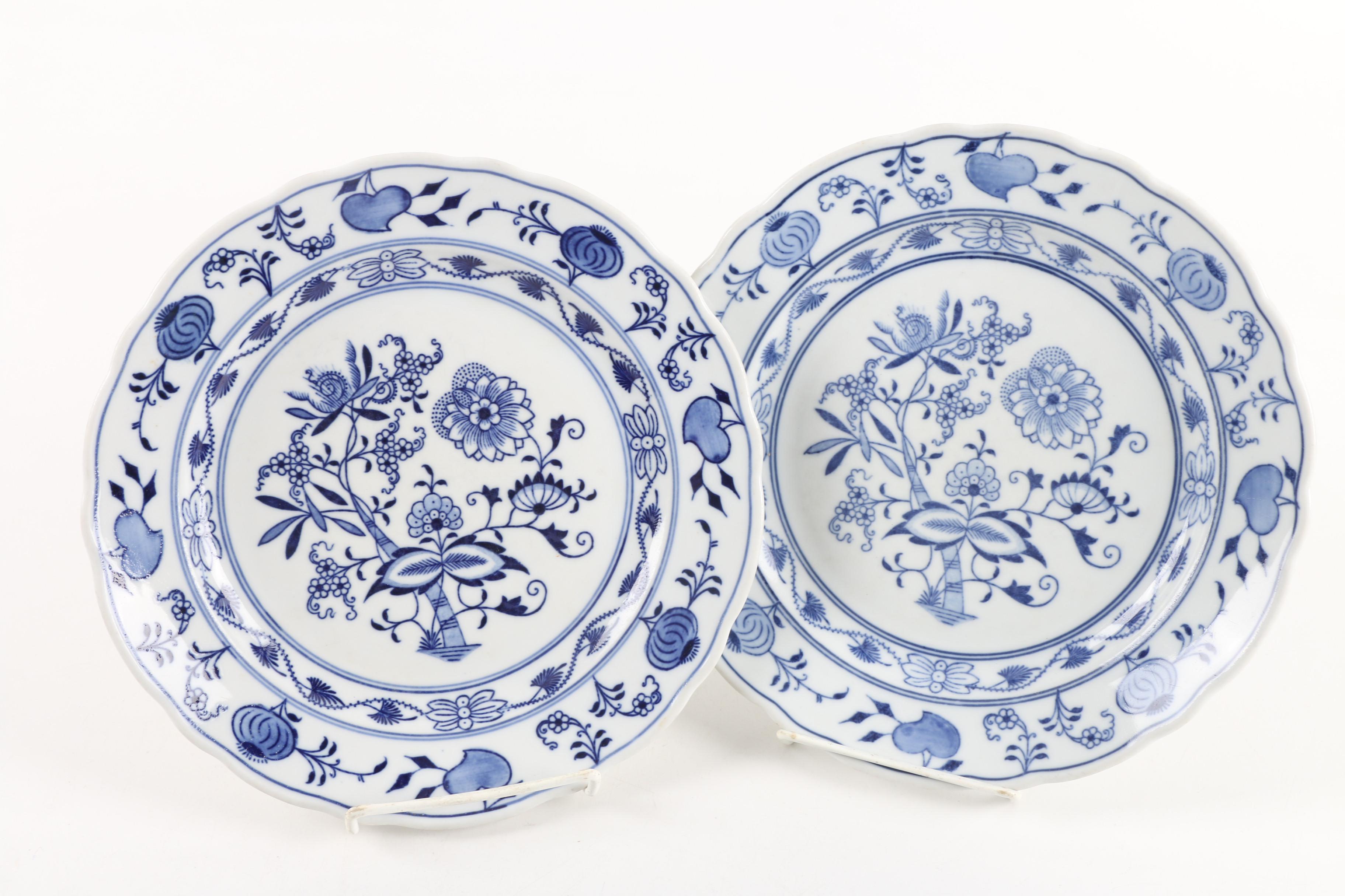 English "Meissen" and Carl Teichert Blue Onion Plates with Food Warmer