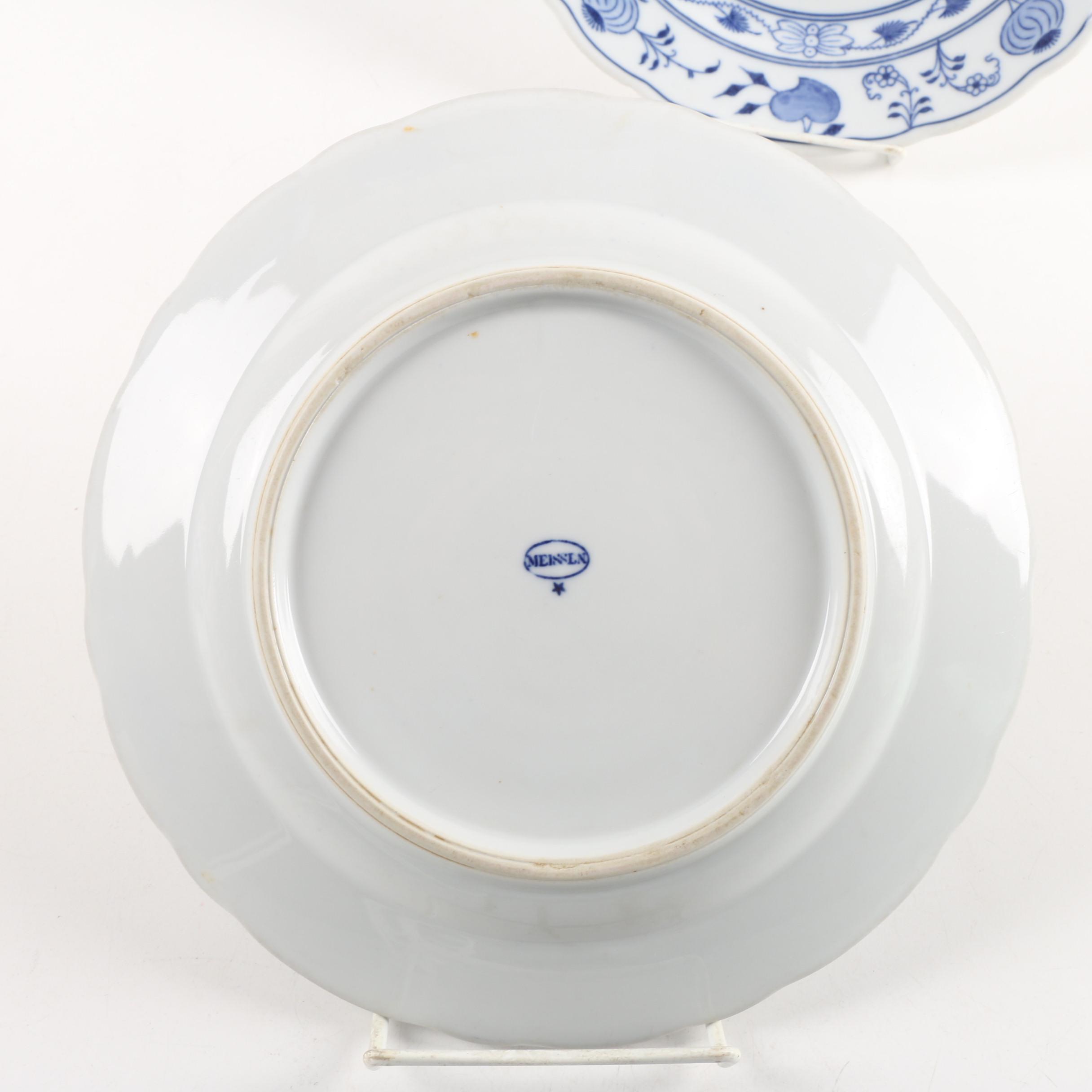 English "Meissen" and Carl Teichert Blue Onion Plates with Food Warmer